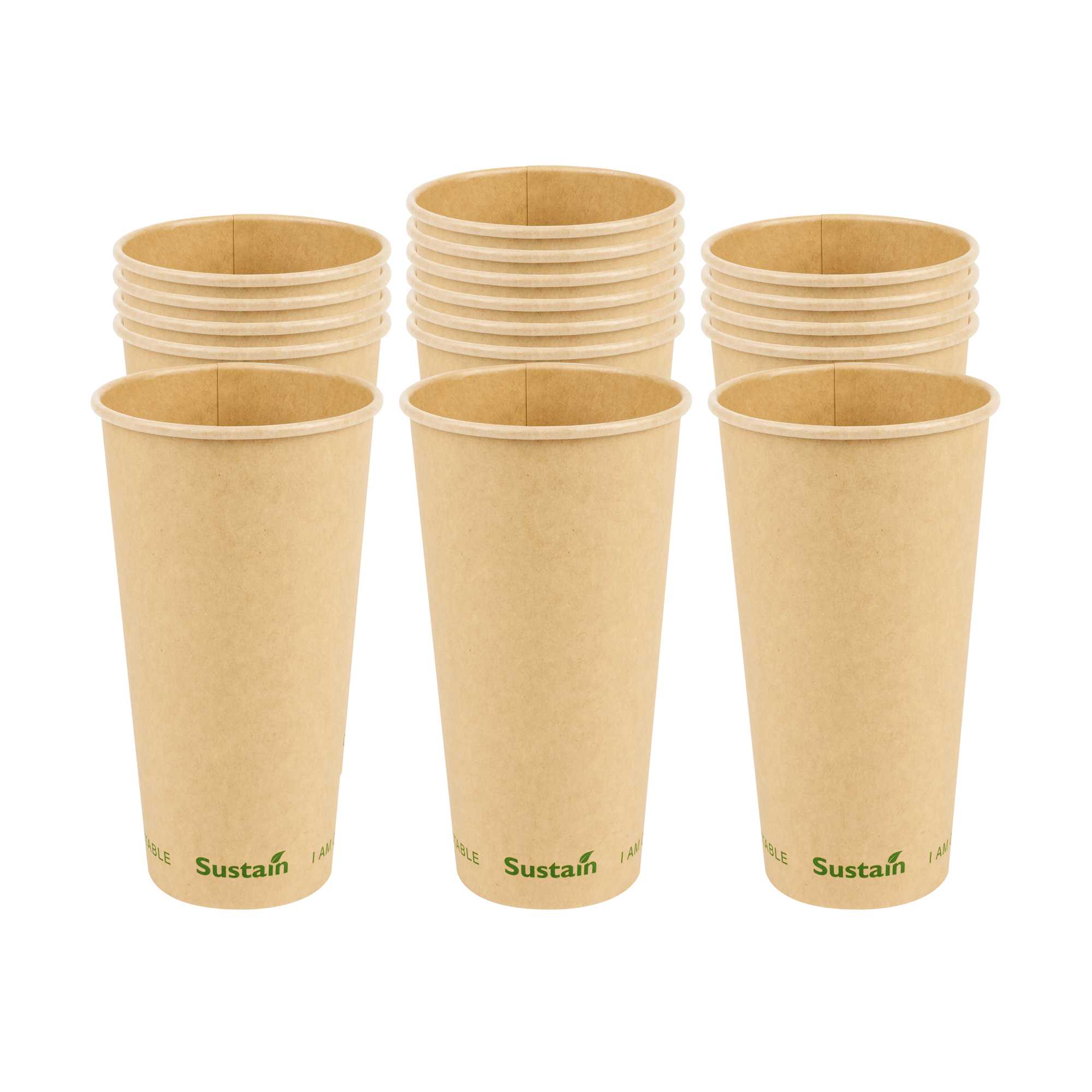 Sustain 20 oz Kraft Paper Coffee Cup - PLA Lining, Compostable, Single Wall - 3 1/2" x 3 1/2" x 6 1/4" - 50 count box