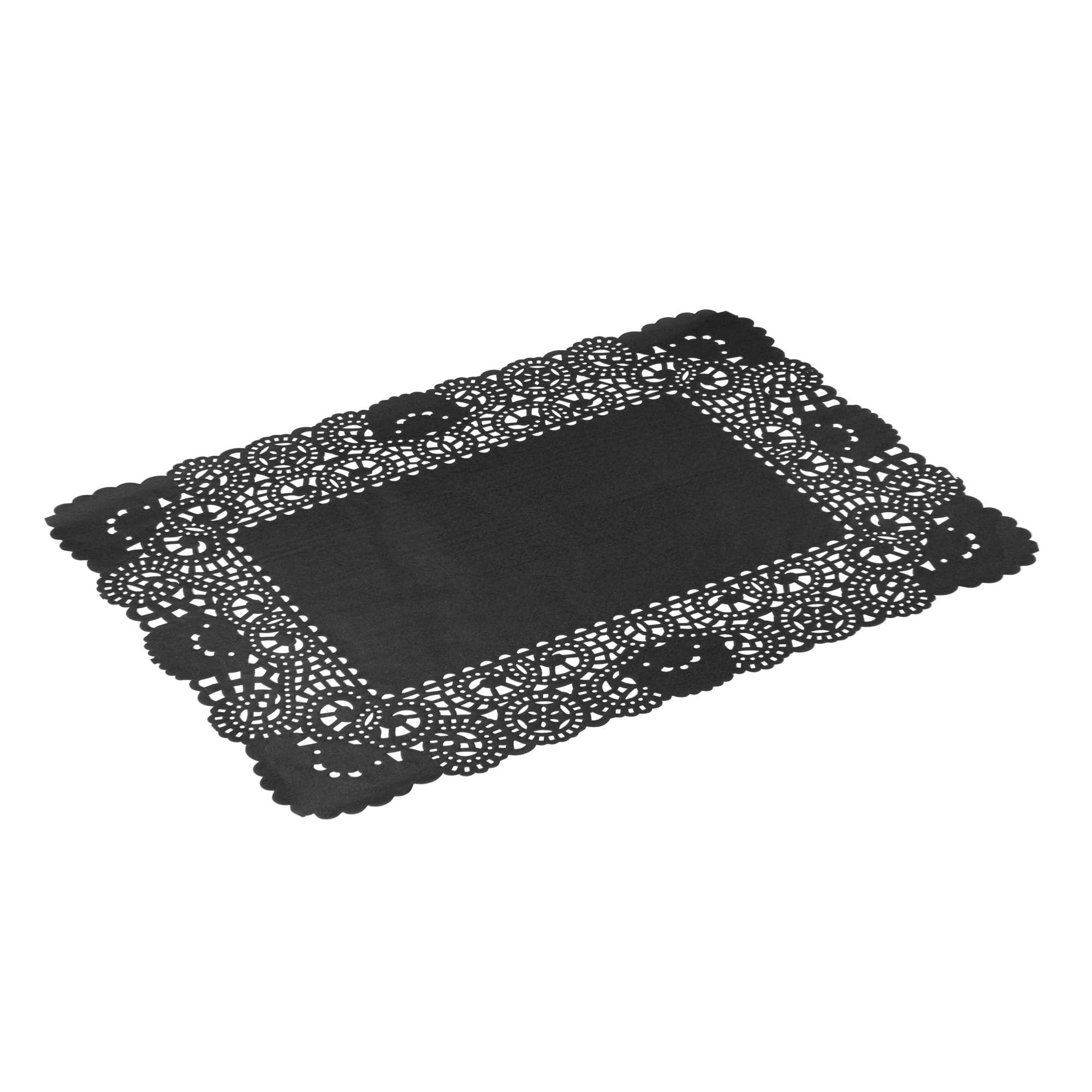 Pastry Tek Rectangle Black Paper Doilies - Lace - 15 3/4" x 12" - 100 count box