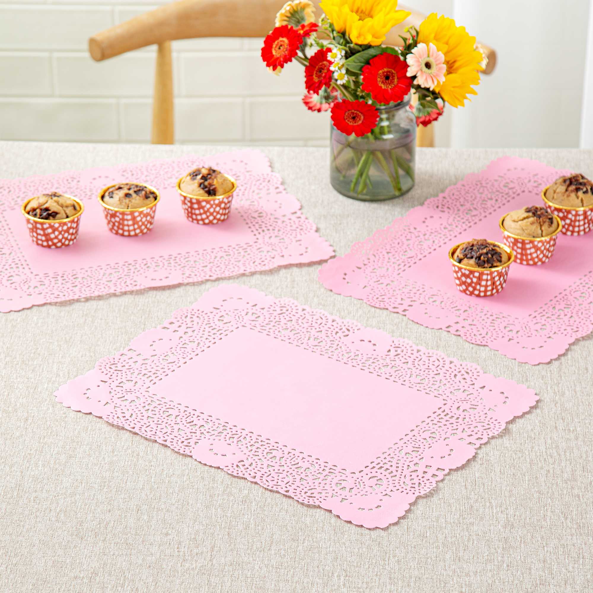 Pastry Tek Rectangle Pink Paper Doilies - Lace - 15 3/4" x 12" - 100 count box