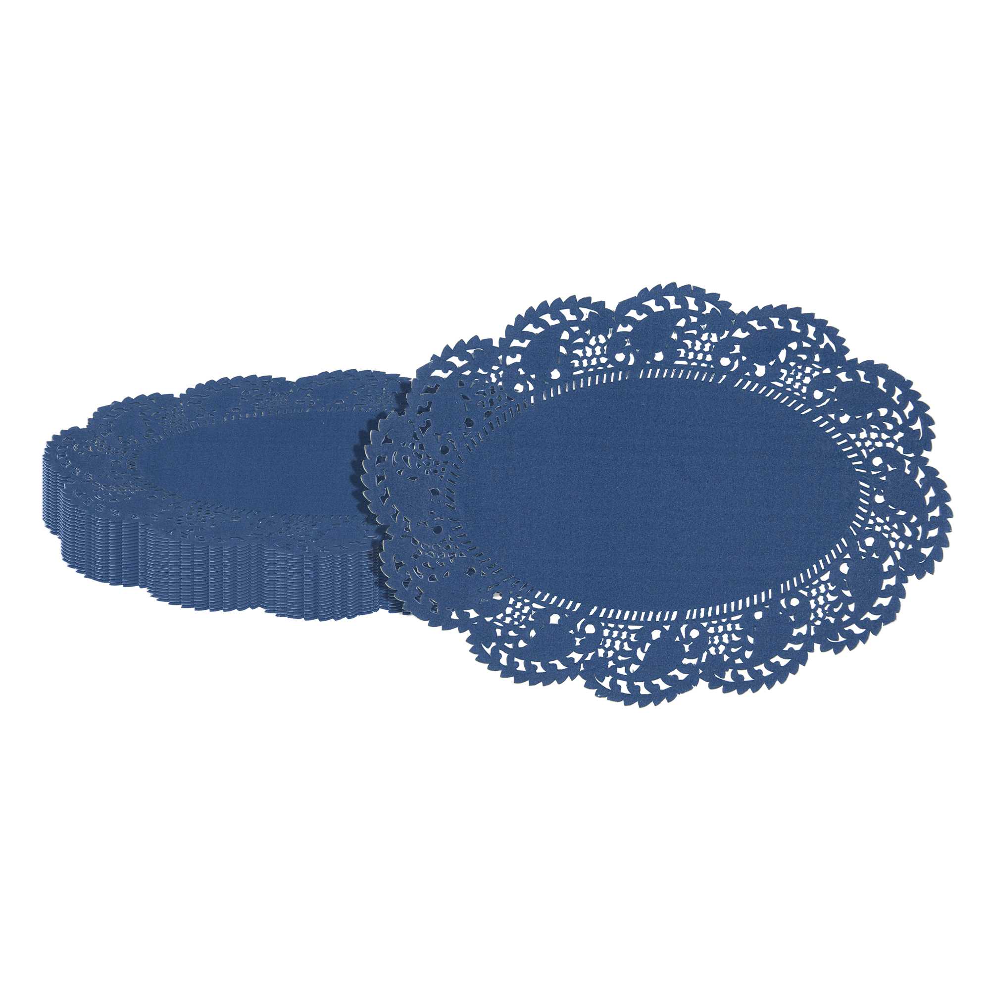 Pastry Tek Oval Navy Blue Paper Doilies - Lace - 9" x 6 1/2" - 100 count box