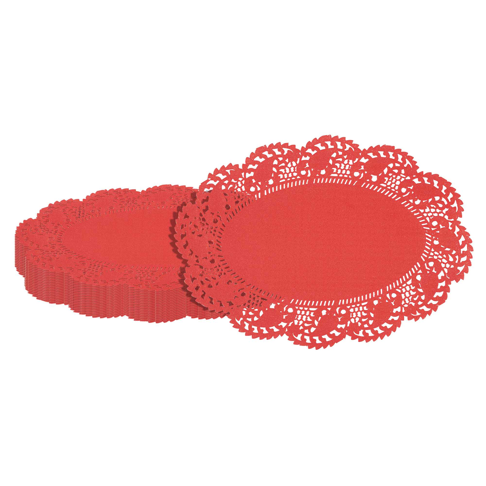 Pastry Tek Oval Red Paper Doilies - Lace - 9" x 6 1/2" - 100 count box