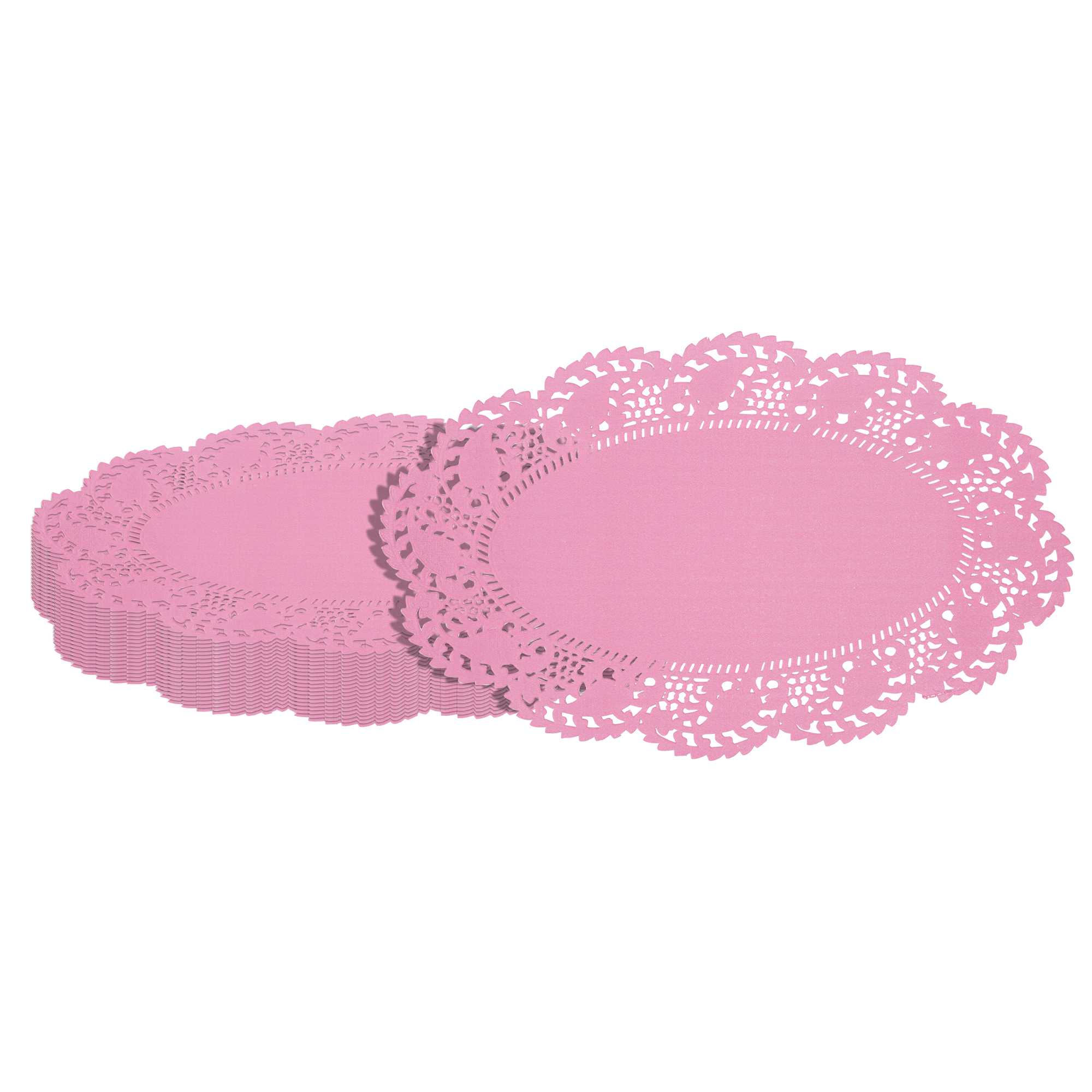 Pastry Tek Oval Pink Paper Doilies - Lace - 10 1/2" x 6 1/2" - 100 count box