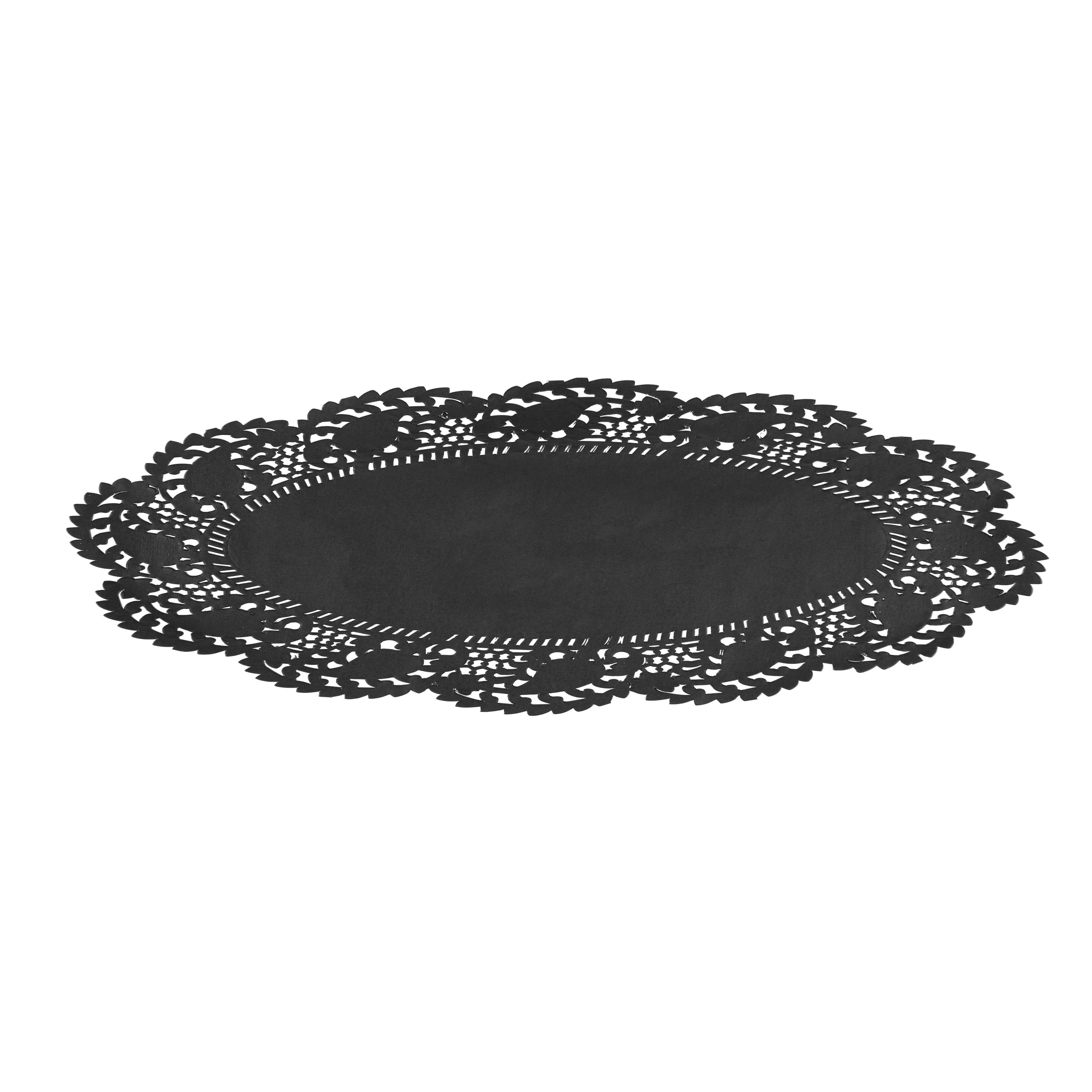 Pastry Tek Oval Black Paper Doilies - Lace - 12 1/2" x 8 1/2" - 100 count box