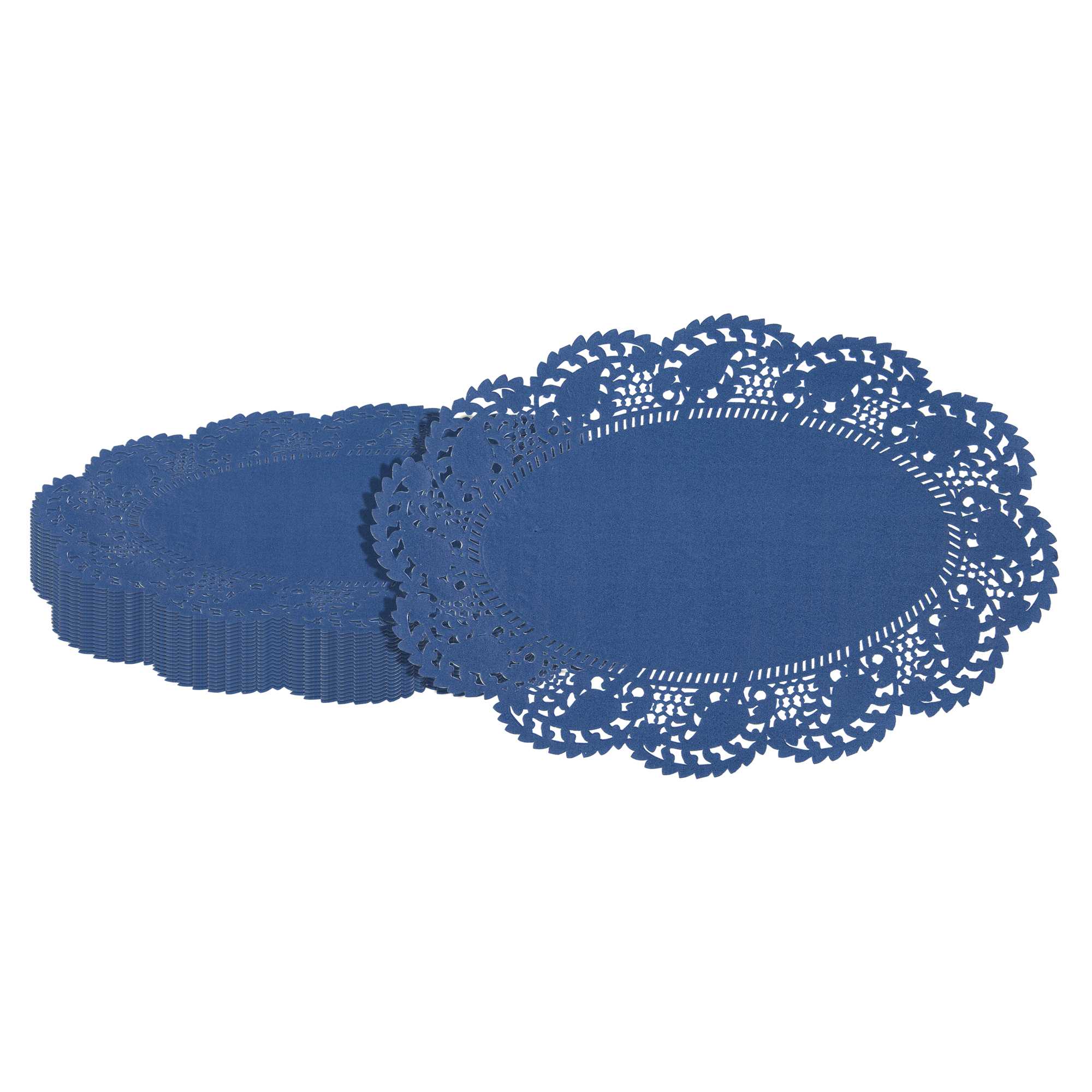 Pastry Tek Oval Navy Blue Paper Doilies - Lace - 12 1/2" x 8 1/2" - 100 count box