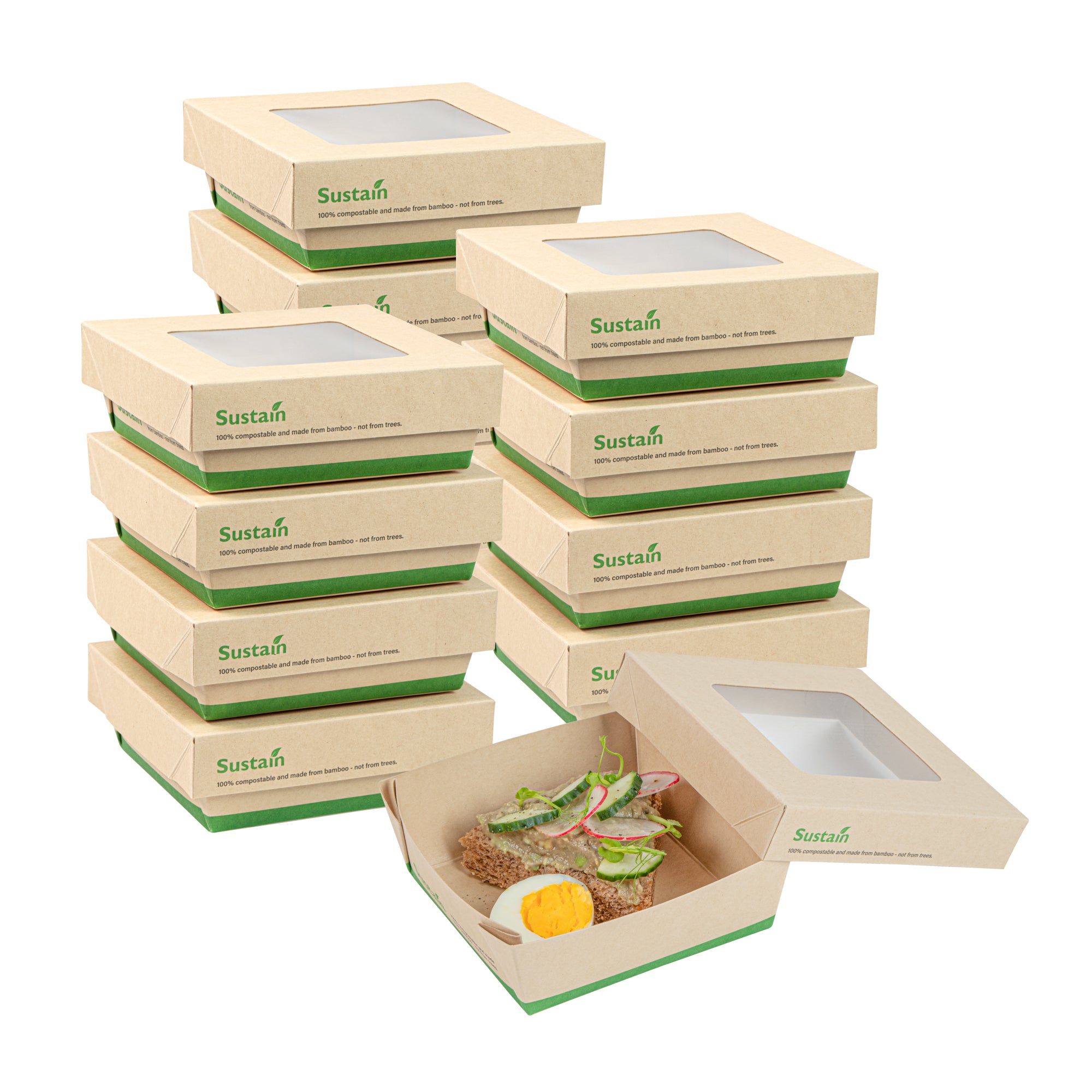 Sustain 13 oz Bamboo Paper Small Take Out Container - with PLA Lining and Window, Compostable - 4 1/2" x 4 1/2" x 1 1/2" - 50 count box