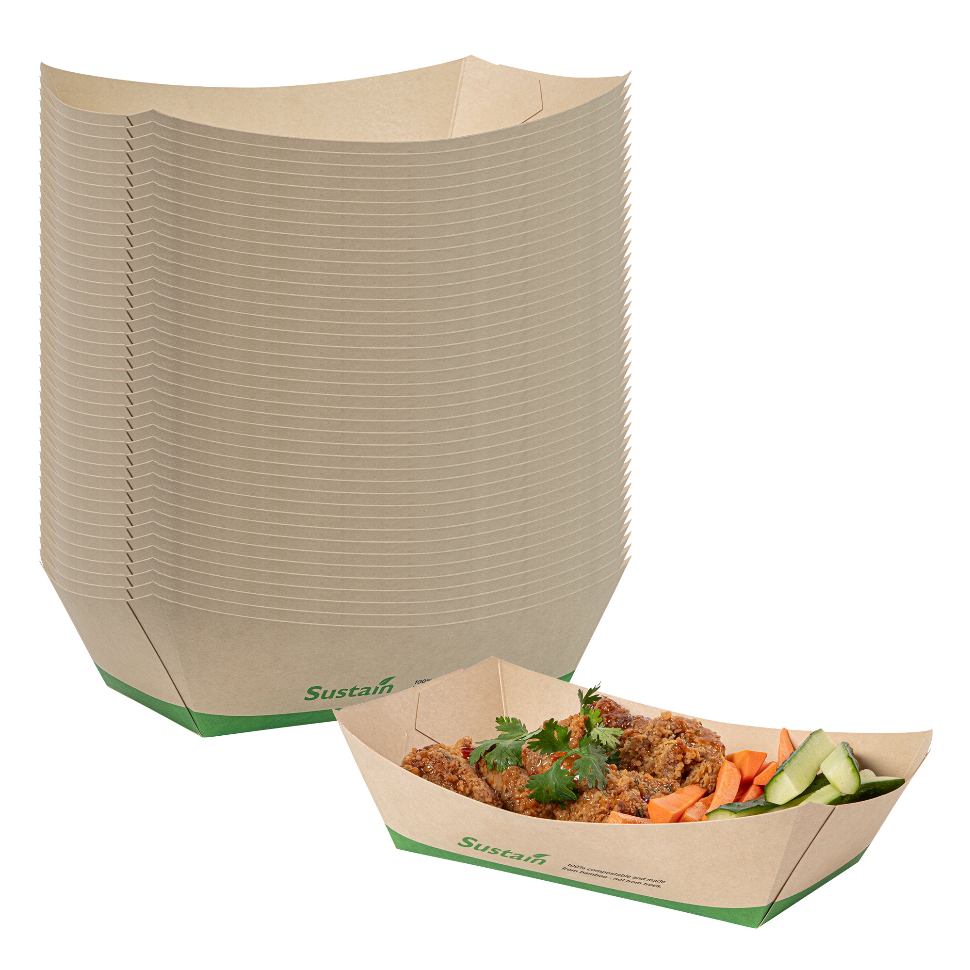 Sustain 2 lb Bamboo Paper #200 Food Tray / Boat - with PLA Lining, Compostable - 6 1/2" x 3 3/4" x 2 1/4" - 50 count box