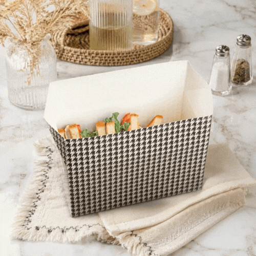 Bio Tek 80 oz Black Houndstooth Paper Lunch / Chicken Box - with Fast Top - 9" x 5" x 5" - 100 count box