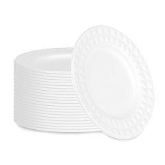 Pulp Safe No PFAS Added Round White Sugarcane / Bagasse Plate - Home Compostable, with Diamond Rim - 7