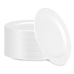 Pulp Safe No PFAS Added Round White Sugarcane / Bagasse Plate - Home Compostable, with Diamond Rim - 9