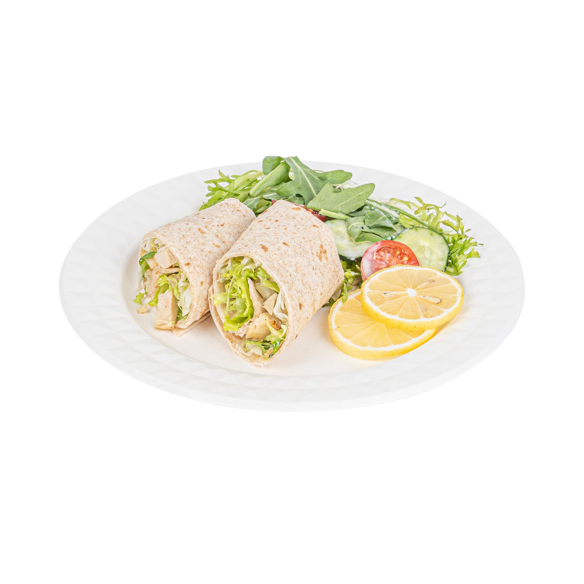 Pulp Safe No PFAS Added Round White Sugarcane / Bagasse Plate - Home Compostable, with Diamond Rim - 9" x 9" x 1/2" - 25 count box