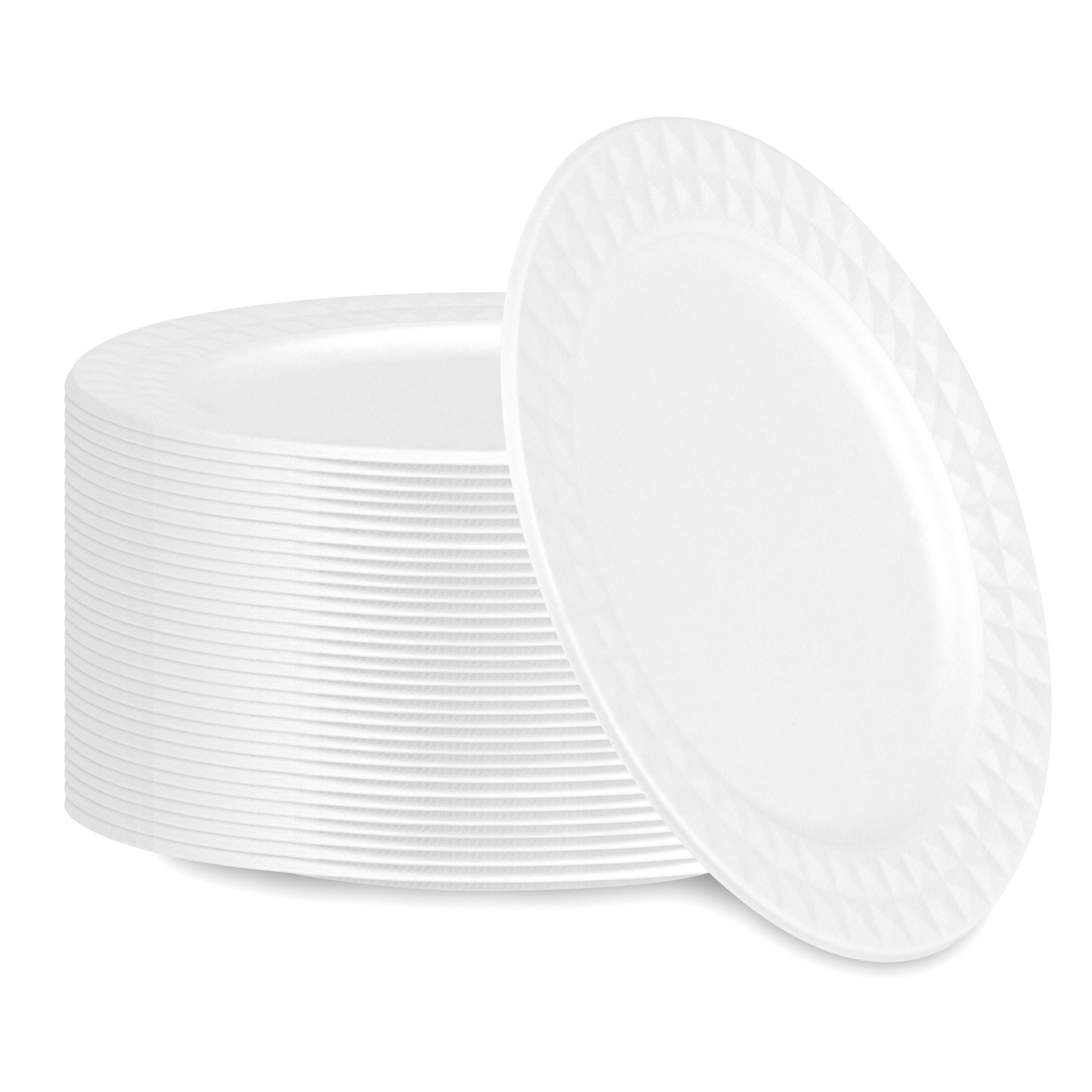 Pulp Safe No PFAS Added Round White Sugarcane / Bagasse Plate - Home Compostable, with Diamond Rim - 9" x 9" x 1/2" - 25 count box