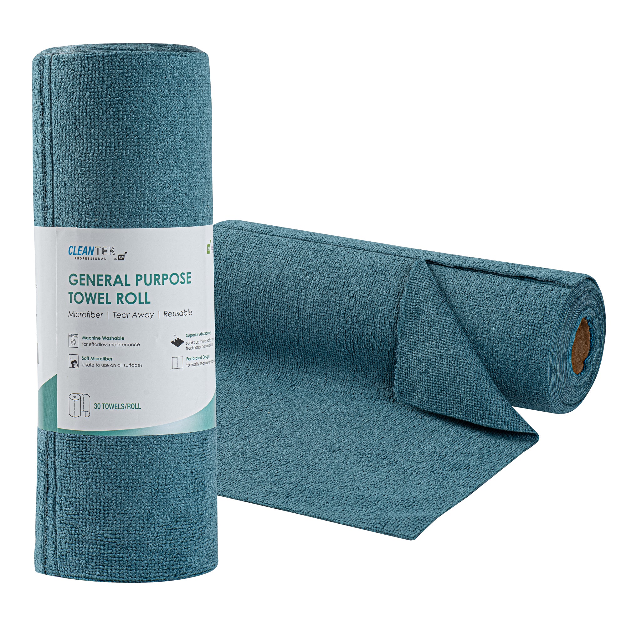 Clean Tek Professional Teal Microfiber General Purpose Towel Roll - Tear Away - 11 3/4" x 11 3/4" - 30 count box