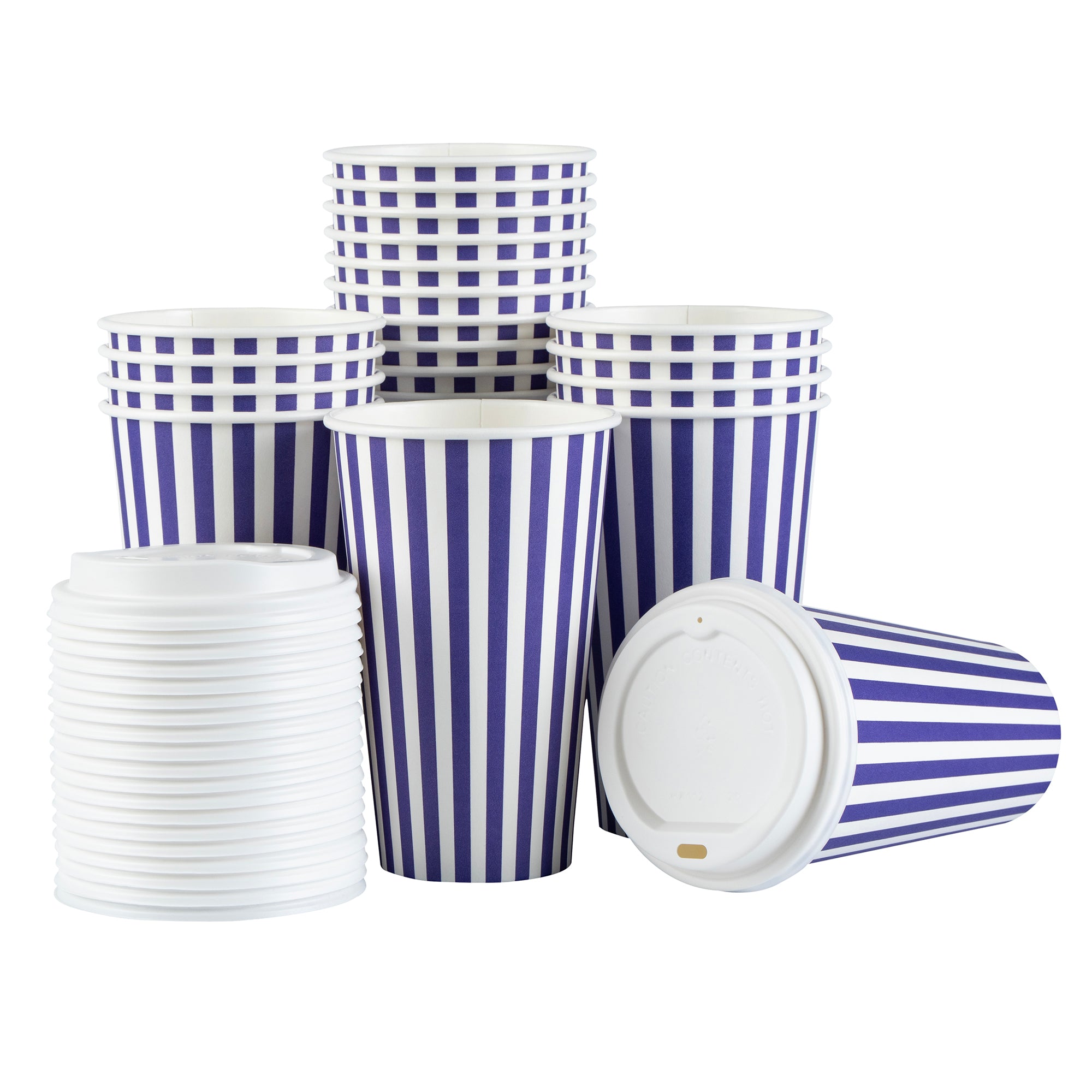 Restpresso 16 oz Purple and White Stripe Paper Single Wall Coffee Cup - with White Lid - 3 1/2"x 3 1/2"x 5 3/4" - 20 count box