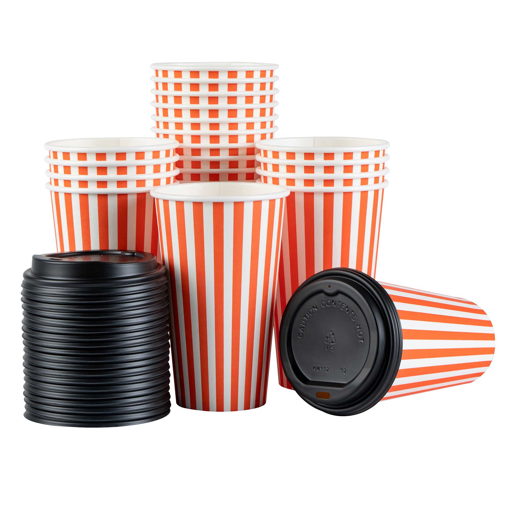 Restpresso 16 oz Orange and White Stripe Paper Single Wall Coffee Cup - with Black Lid - 3 1/2"x 3 1/2"x 5 1/2" - 20 count box