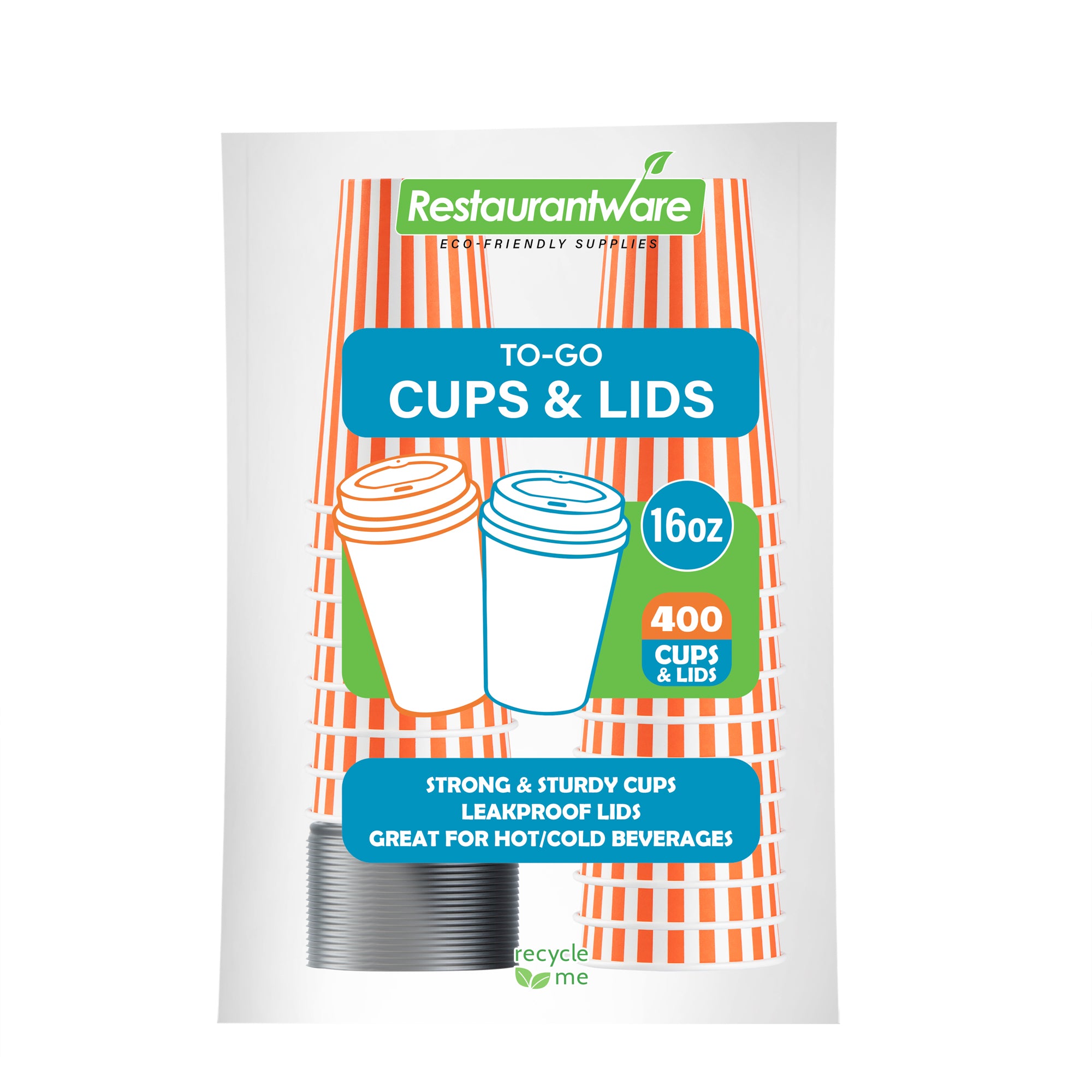 Restpresso 16 oz Orange and White Stripe Paper Single Wall Coffee Cup - with Black Lid - 3 1/2"x 3 1/2"x 5 1/2" - 20 count box