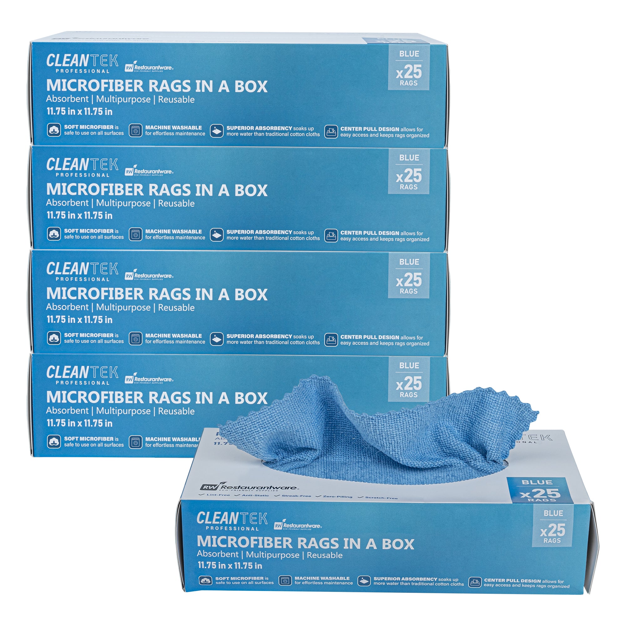 Clean Tek Professional Blue Microfiber Rags In A Box - 11 3/4" x 11 3/4" - 25 count box