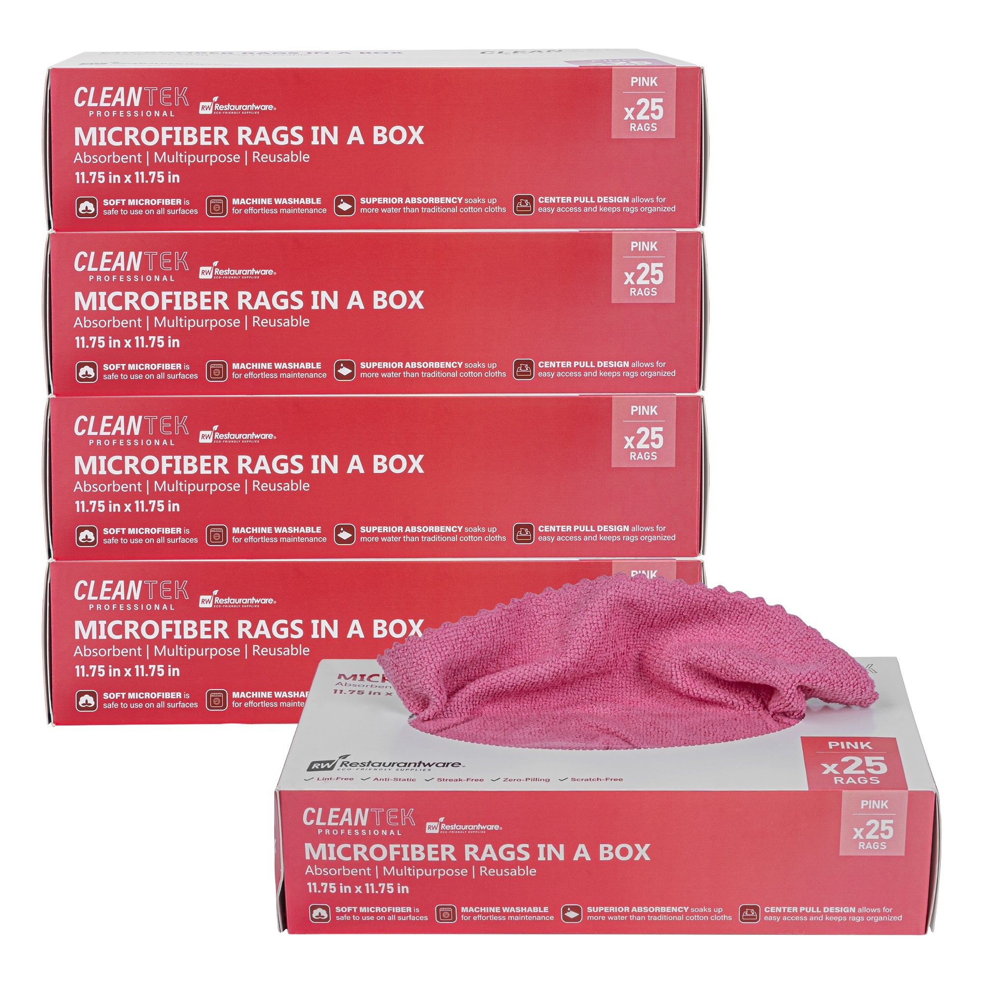 Clean Tek Professional Pink Microfiber Rags In A Box - 11 3/4" x 11 3/4" - 25 count box