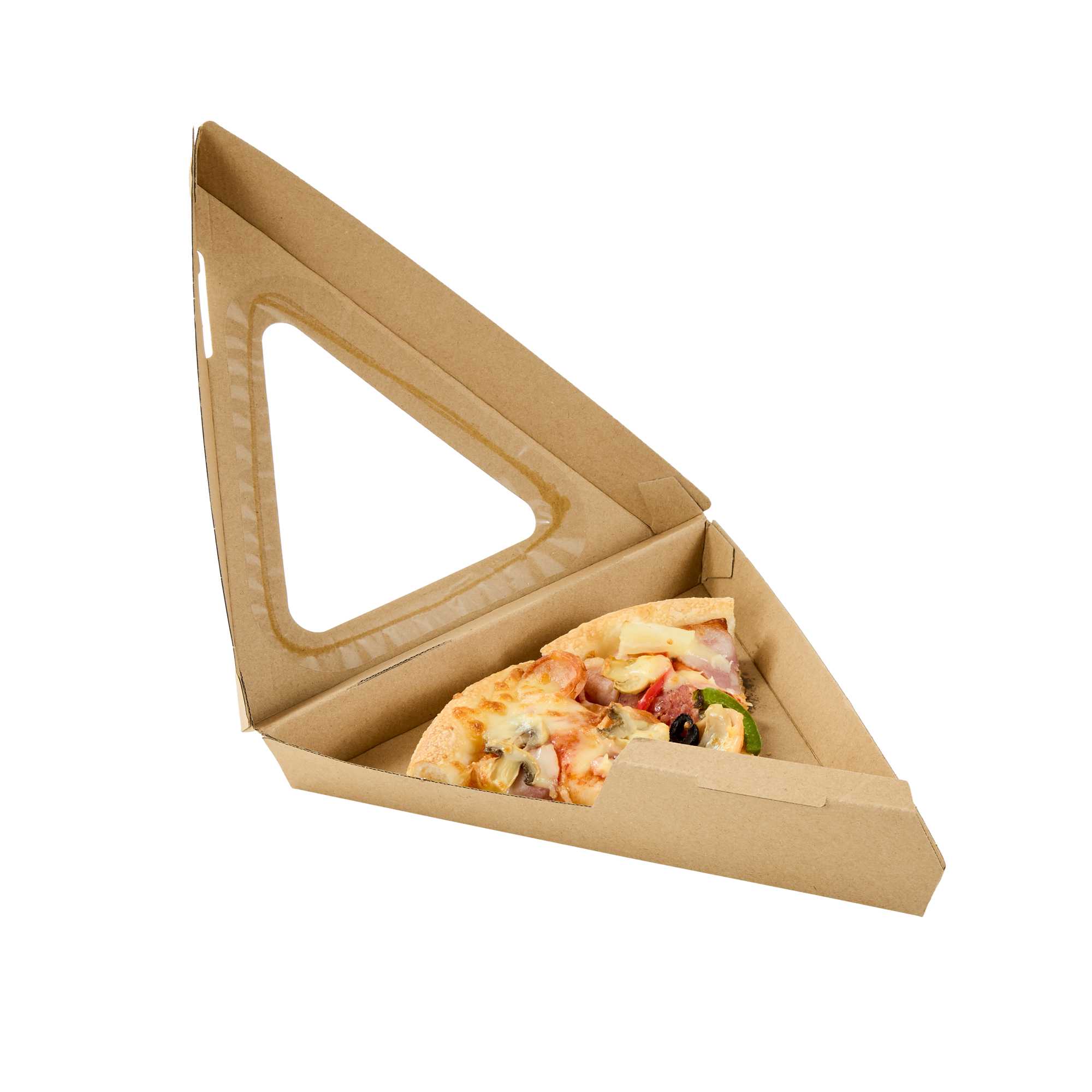 Eco Tek Kraft Paper Corrugated Pizza Slice Box - Clamshell, with PLA Window - 8 1/4" x 9 1/4" x 2" - 50 count box