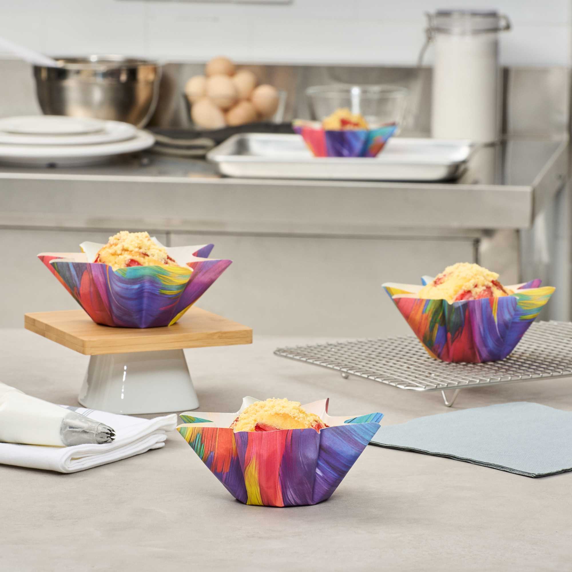 Panificio 10.2 oz Octagon Paper Baking Cup - Colorful Abstract Waves, Greaseproof - 2 1/4" x 2 1/4" x 2 1/4" - 200 count box