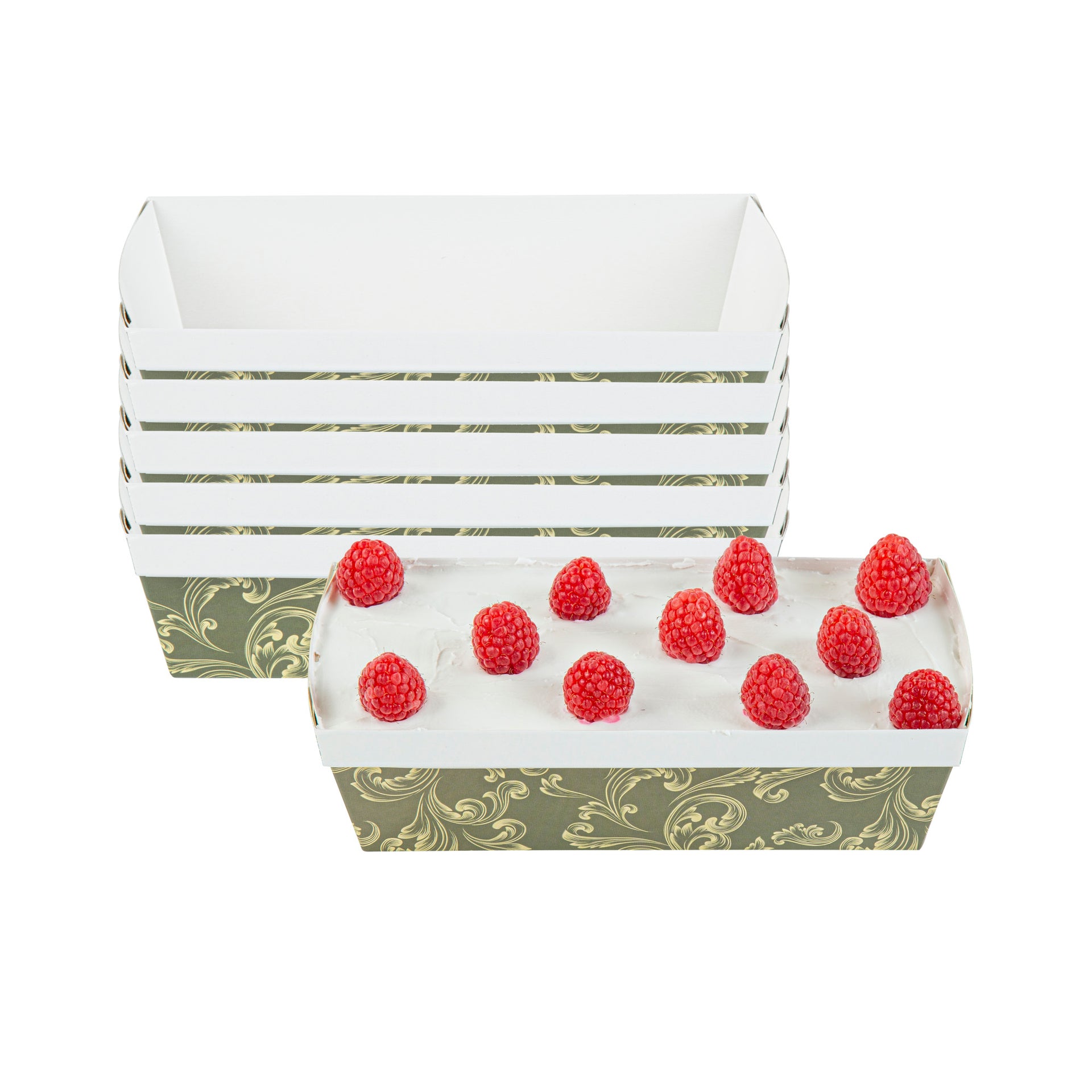 Bake Tek 32 oz Dark Green Vintage Floral Paper Baking Loaf Pan - Greaseproof - 8" x 3 3/4" x 2 1/4" - 100 count box