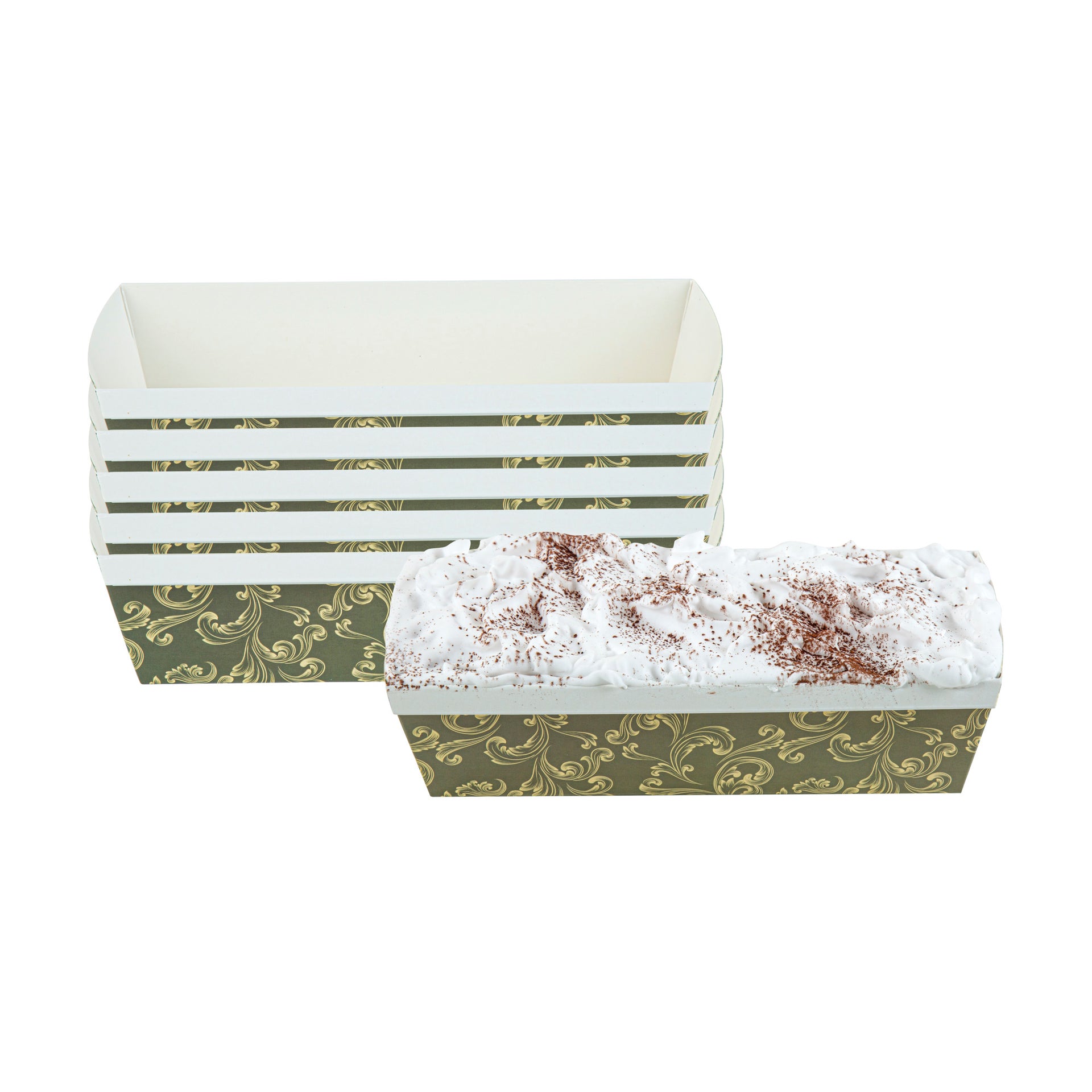 Bake Tek 54 oz Dark Green Vintage Floral Paper Baking Loaf Pan - Greaseproof - 10 1/4" x 4" x 2 3/4" - 100 count box