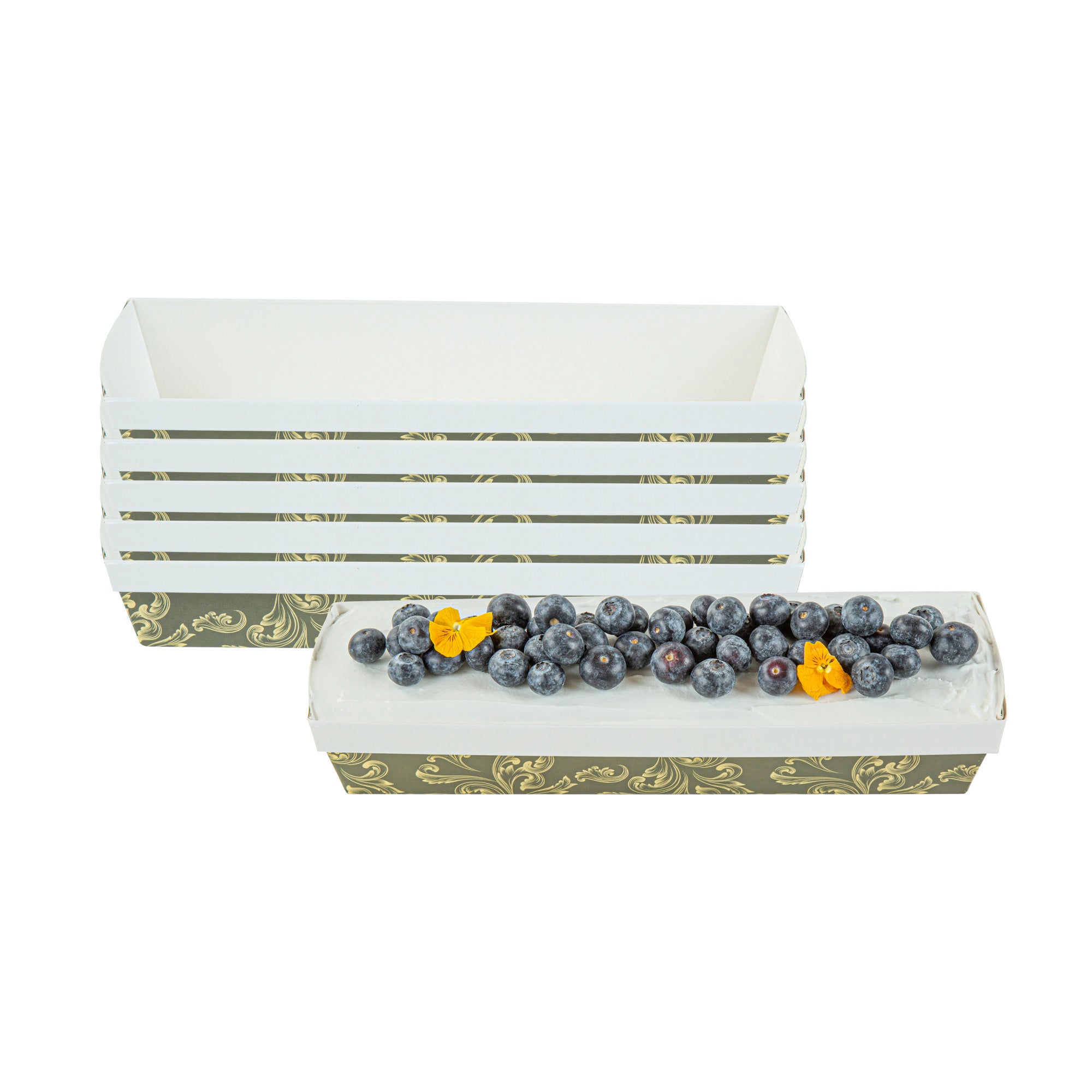 Bake Tek 32 oz Dark Green Vintage Floral Paper Baking Loaf Pan - Greaseproof - 11" x 3 1/4" x 2" - 100 count box