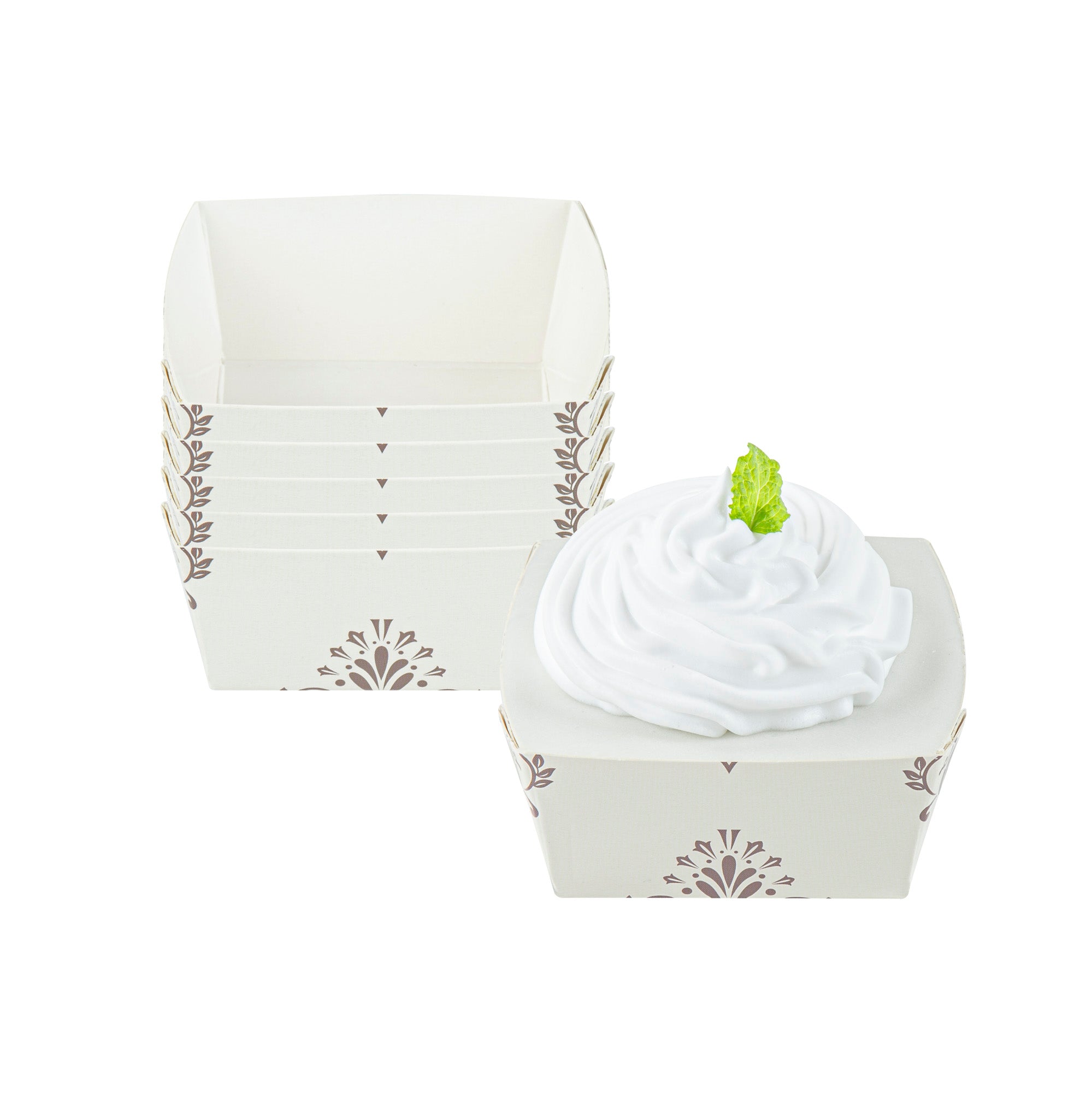 Bake Tek 6 oz Square Vintage Floral Beige Paper Baking Cup - Greaseproof - 3" x 3" x 1 1/2" - 100 count box