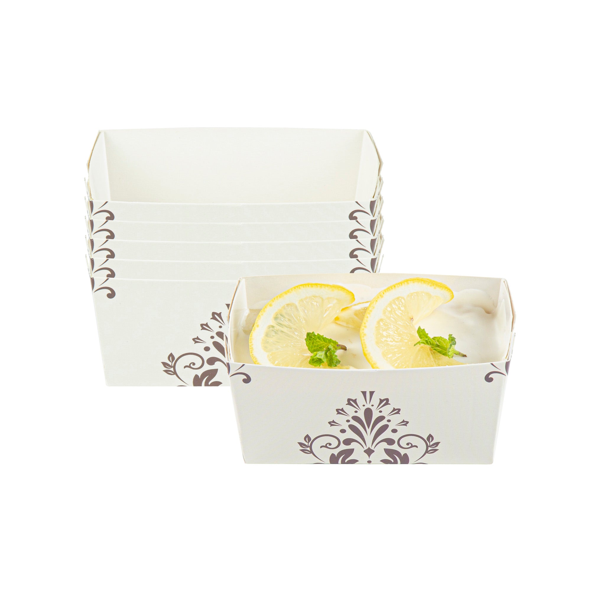 Bake Tek 9 oz Beige Vintage Floral Paper Mini Baking Loaf Pan - Greaseproof - 4" x 2 1/4" x 2" - 100 count box