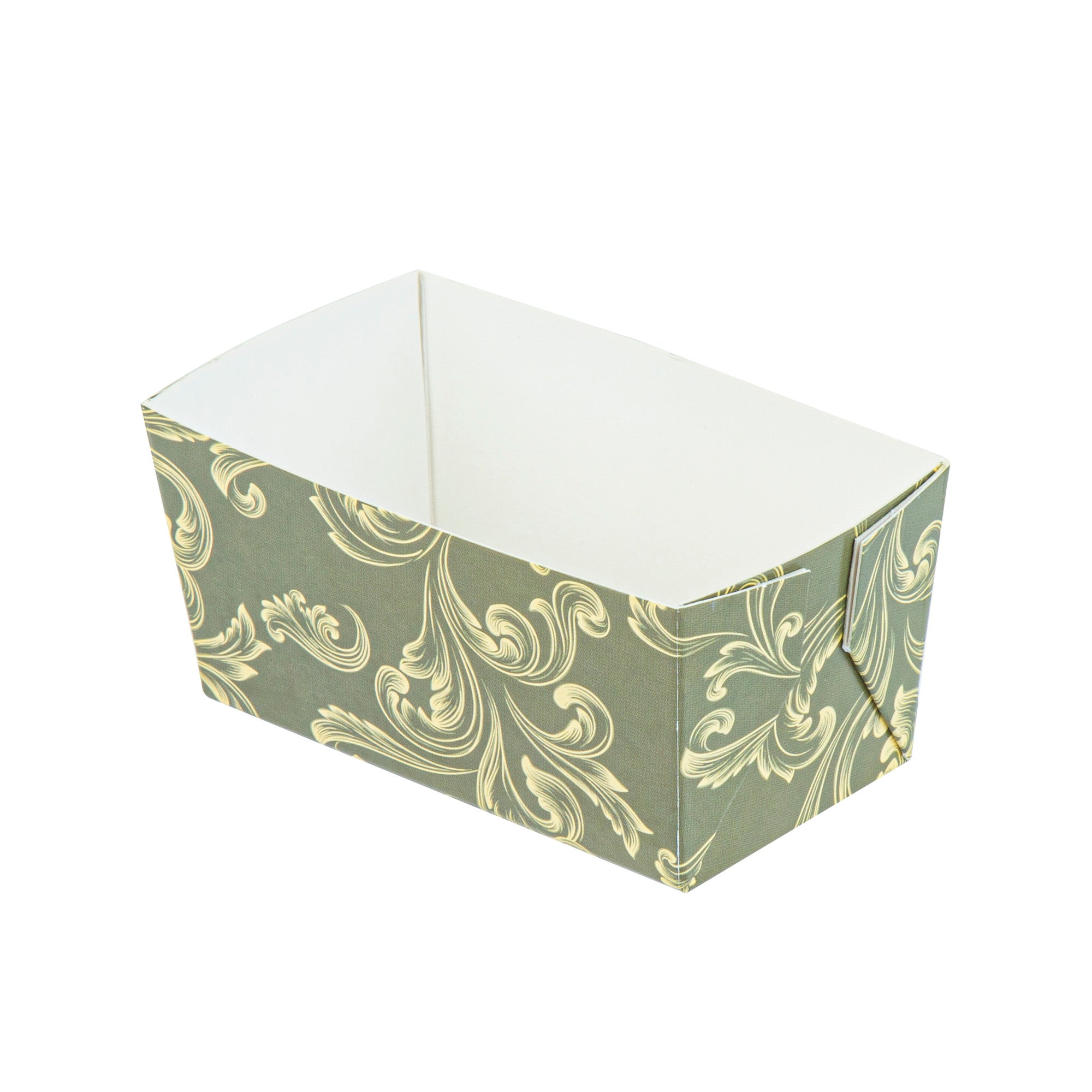 Bake Tek 9 oz Dark Green Vintage Floral Paper Mini Baking Loaf Pan - Greaseproof - 4" x 2 1/4" x 2" - 100 count box