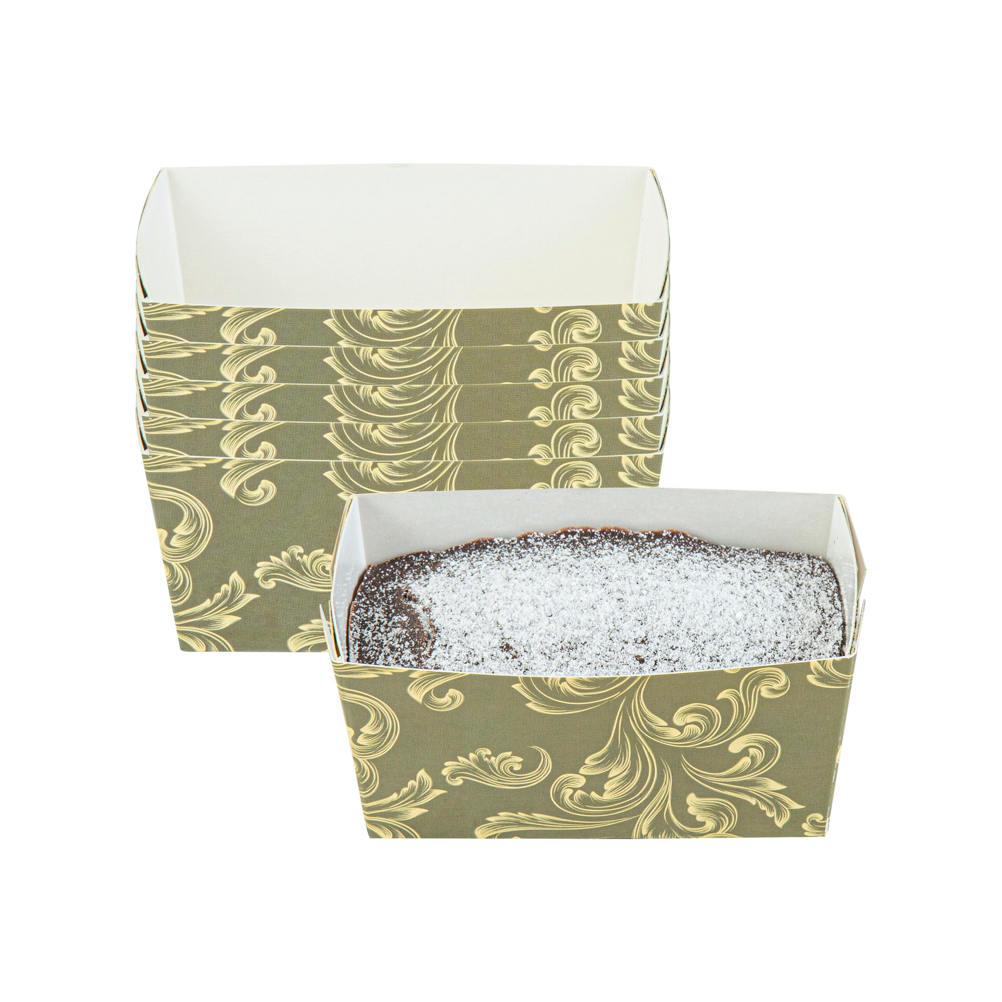 Bake Tek 9 oz Dark Green Vintage Floral Paper Mini Baking Loaf Pan - Greaseproof - 4" x 2 1/4" x 2" - 100 count box