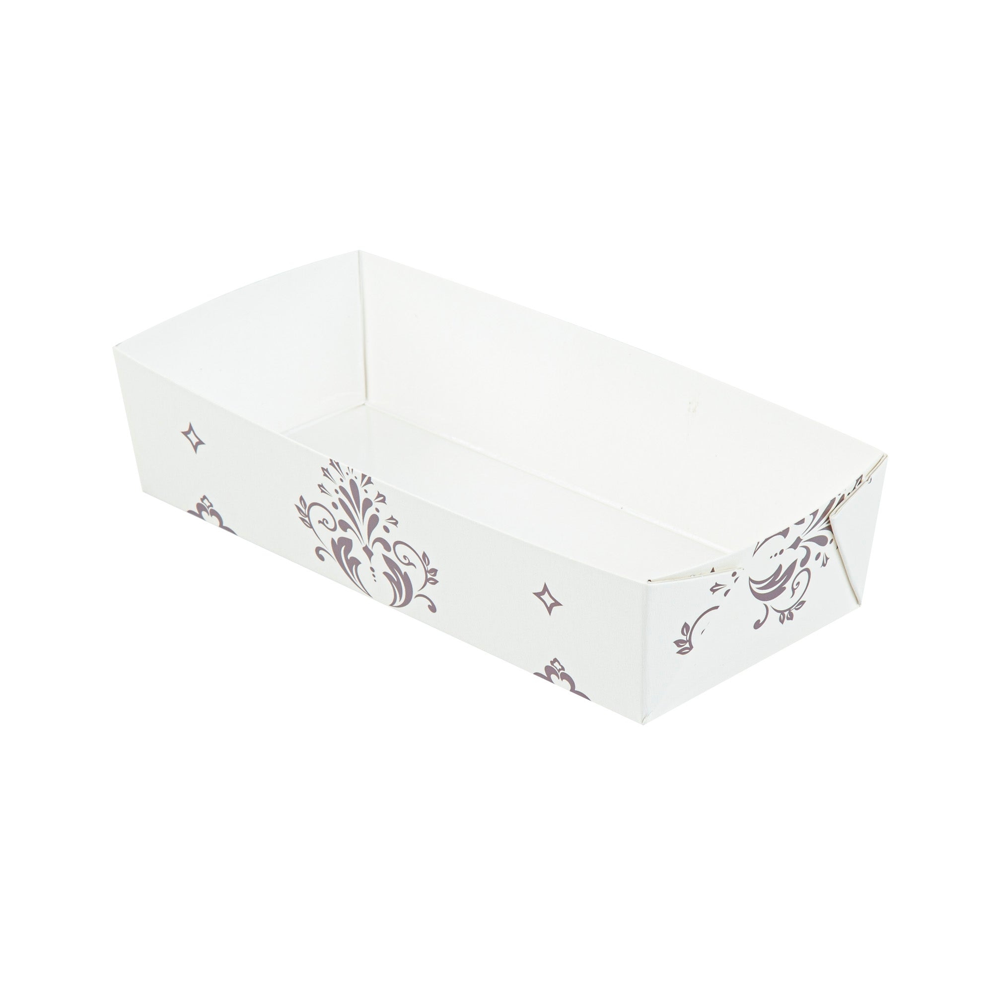 Bake Tek 14 oz Beige Vintage Floral Paper Baking Tray - Greaseproof - 7 3/4" x 3 1/2" x 1 3/4" - 100 count box
