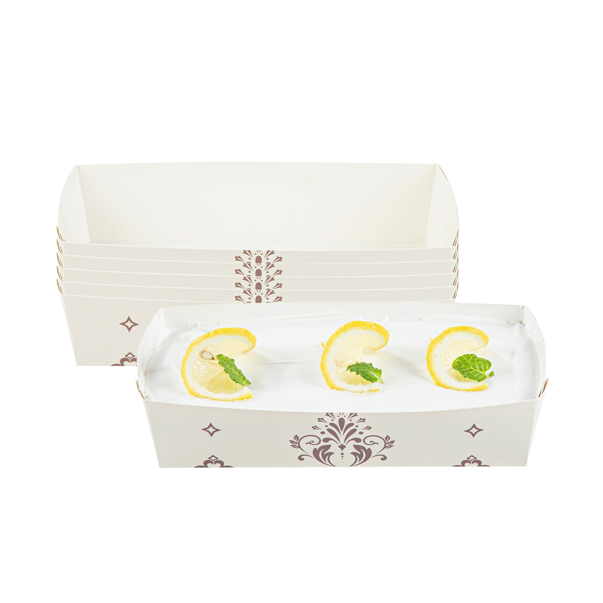 Bake Tek 14 oz Beige Vintage Floral Paper Baking Tray - Greaseproof - 7 3/4" x 3 1/2" x 1 3/4" - 100 count box