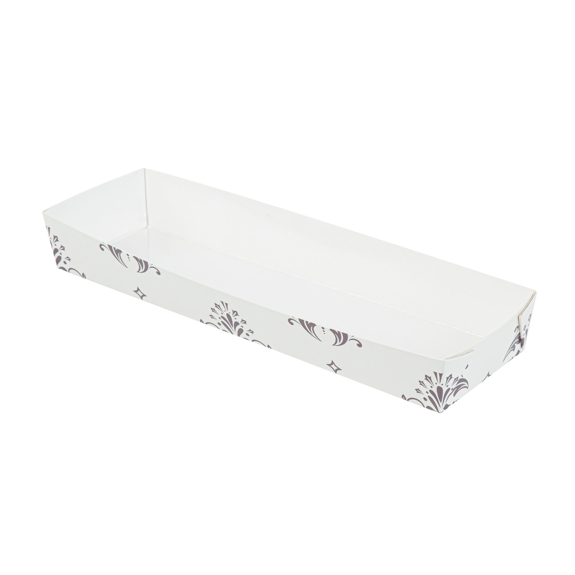 Bake Tek 13 oz Beige Vintage Floral Paper Baking Tray - Greaseproof - 10 3/4" x 3 1/4" x 1 1/2" - 100 count box
