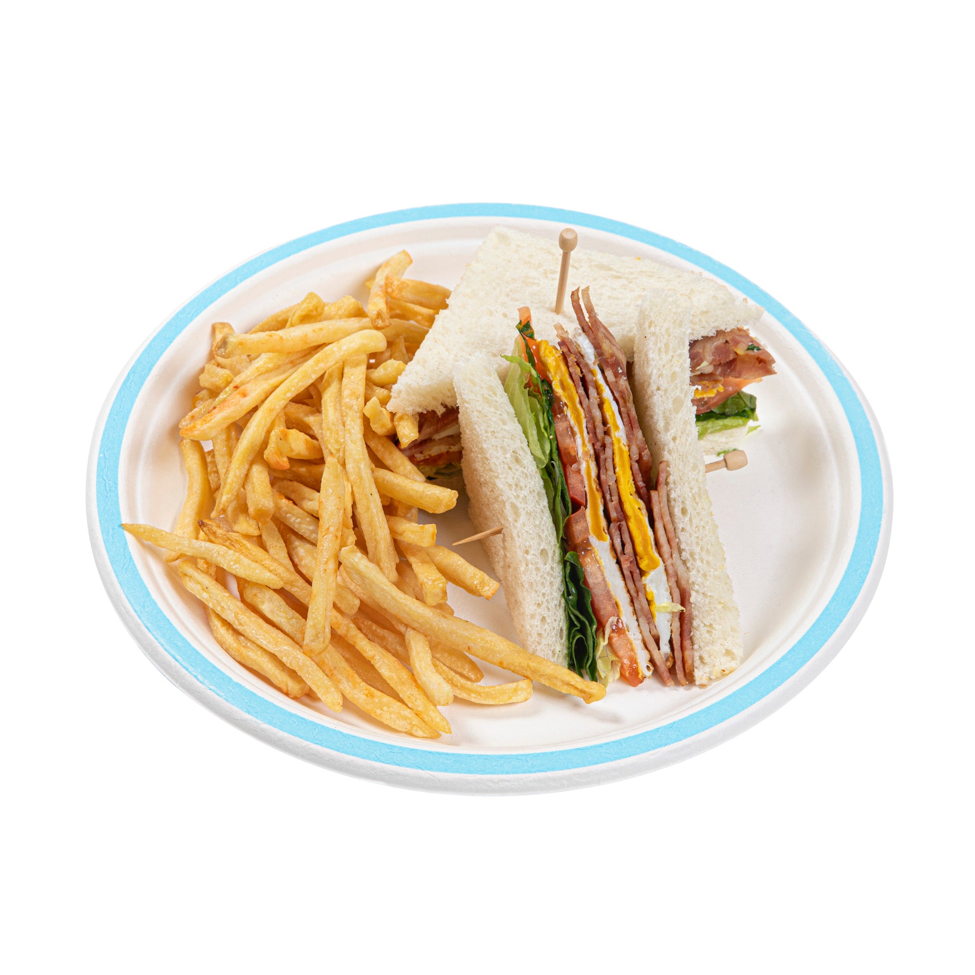 Pulp Safe No PFAS Added Round White Sugarcane / Bagasse Plate - Home Compostable, with Blue Rim - 10 1/4" x 10 1/4" - 100 count box