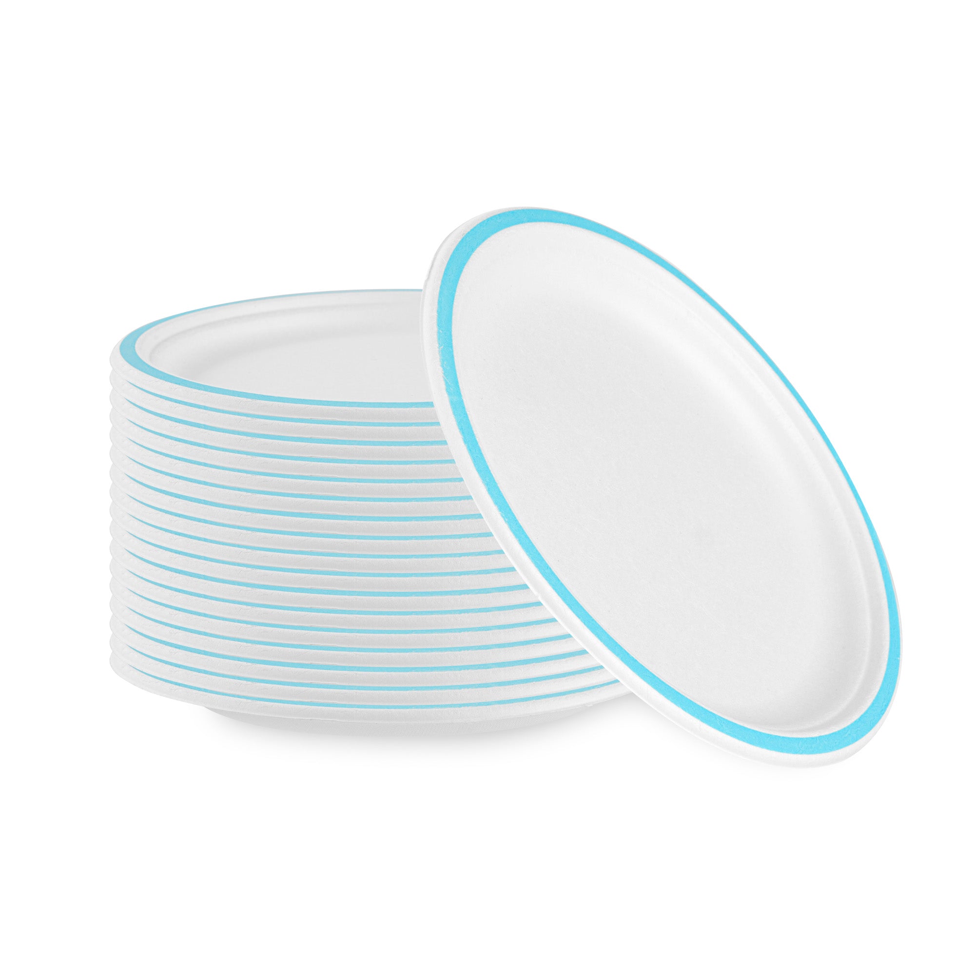 Pulp Safe No PFAS Added Round White Sugarcane / Bagasse Plate - Home Compostable, with Blue Rim - 10 1/4" x 10 1/4" - 100 count box