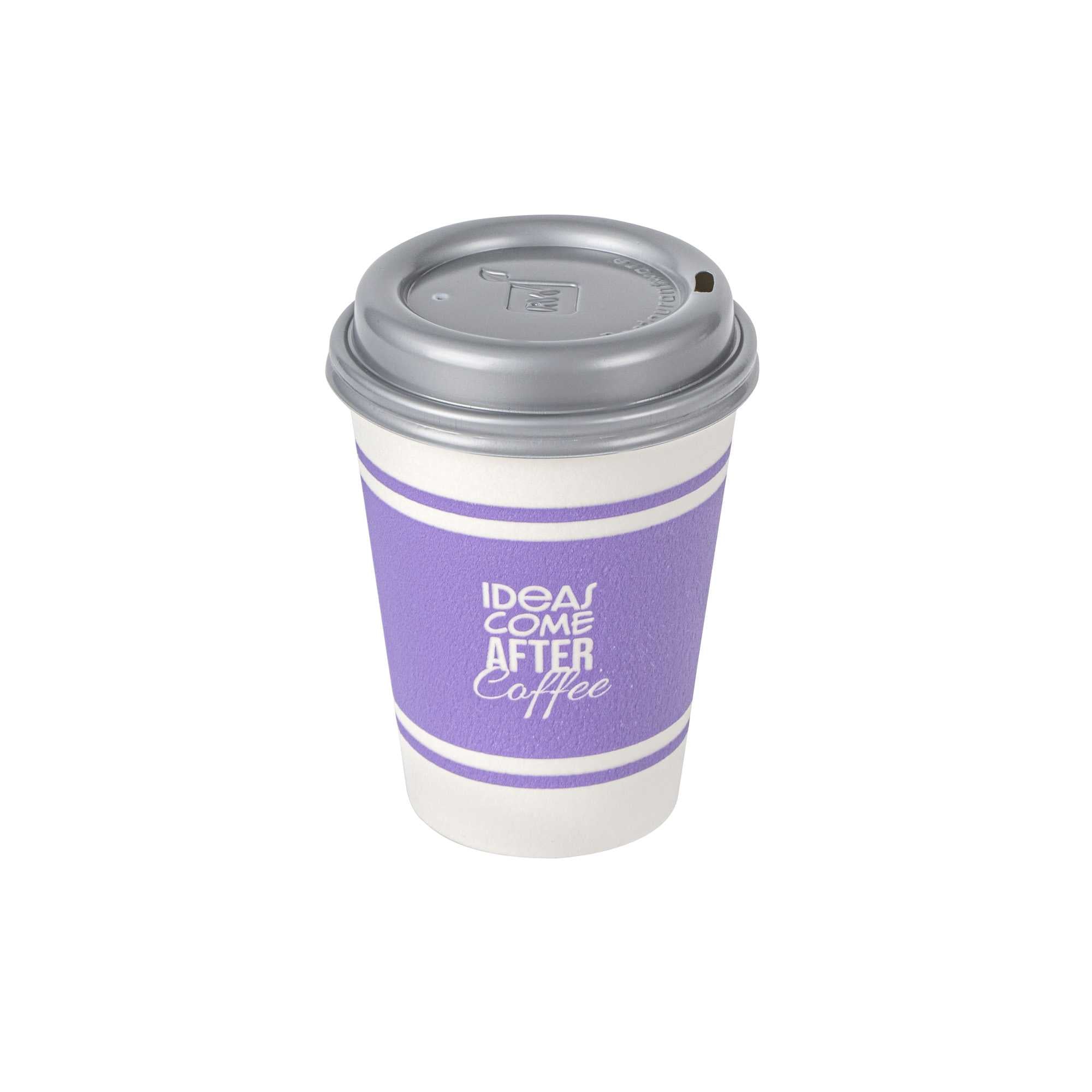 Restpresso 12 oz Purple Paper Insulated Hot Cup - Ideas Come After Coffee, with Gray Lid - 400 count box