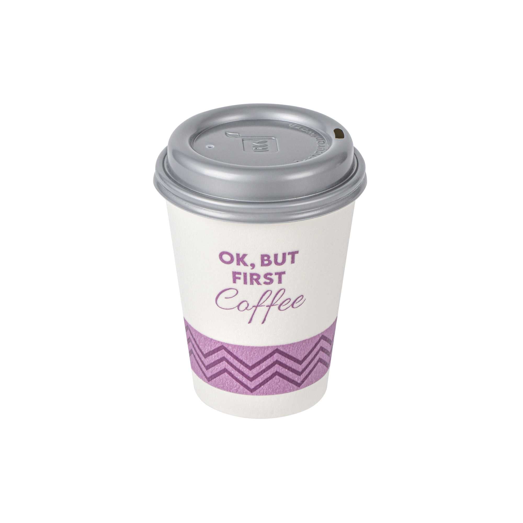 Restpresso 12 oz Pink Paper Insulated Hot Cup - Ok, But First Coffee, with Gray Lid - 400 count box