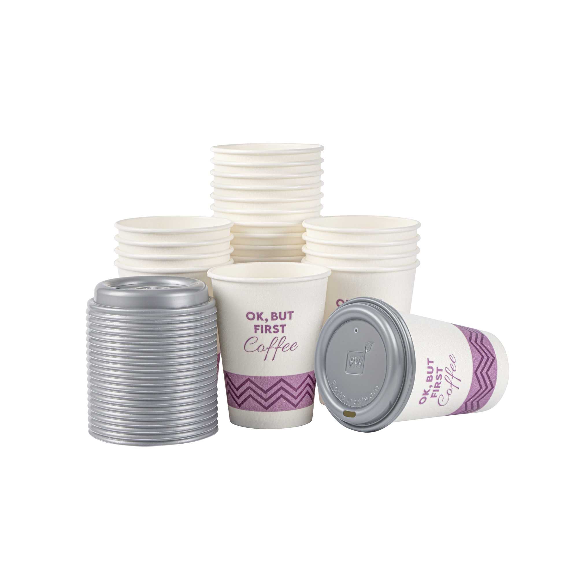 Restpresso 12 oz Pink Paper Insulated Hot Cup - Ok, But First Coffee, with Gray Lid - 400 count box