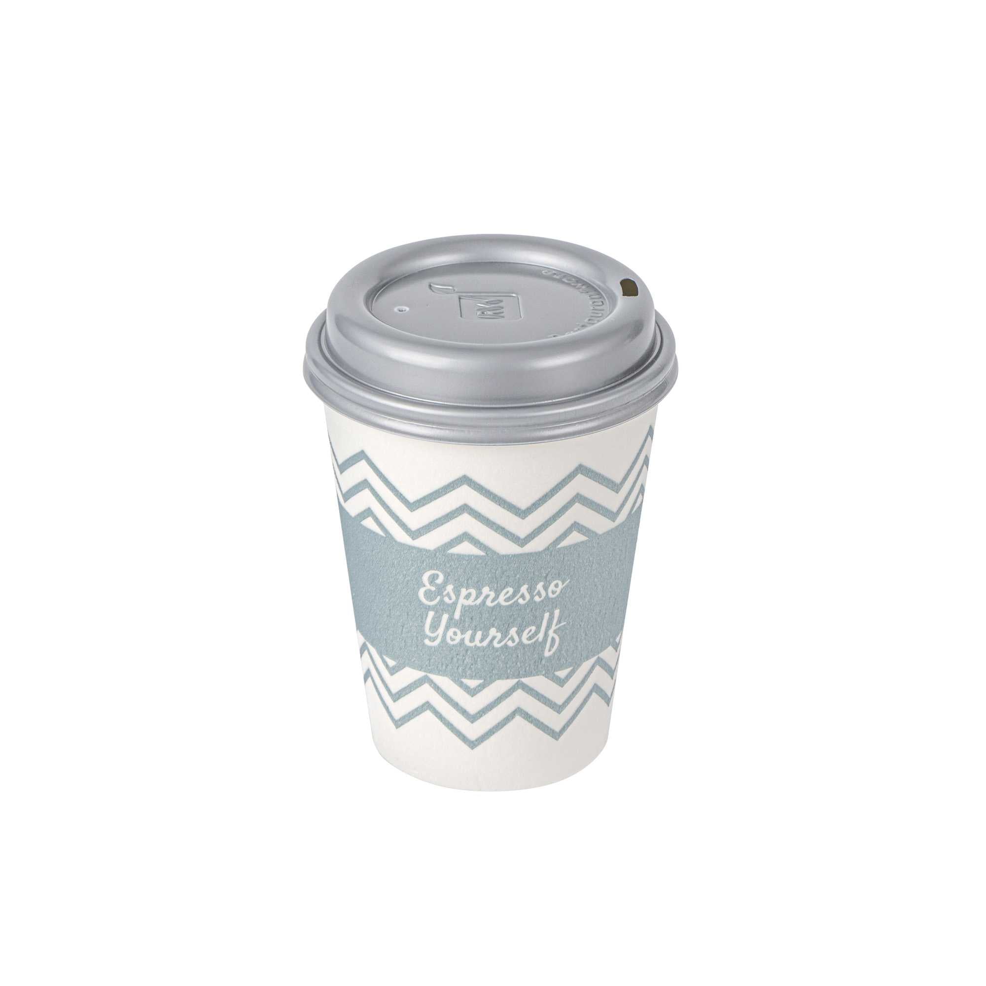 Restpresso 12 oz Blue Paper Insulated Hot Cup - Espresso Yourself, with Gray Lid - 400 count box