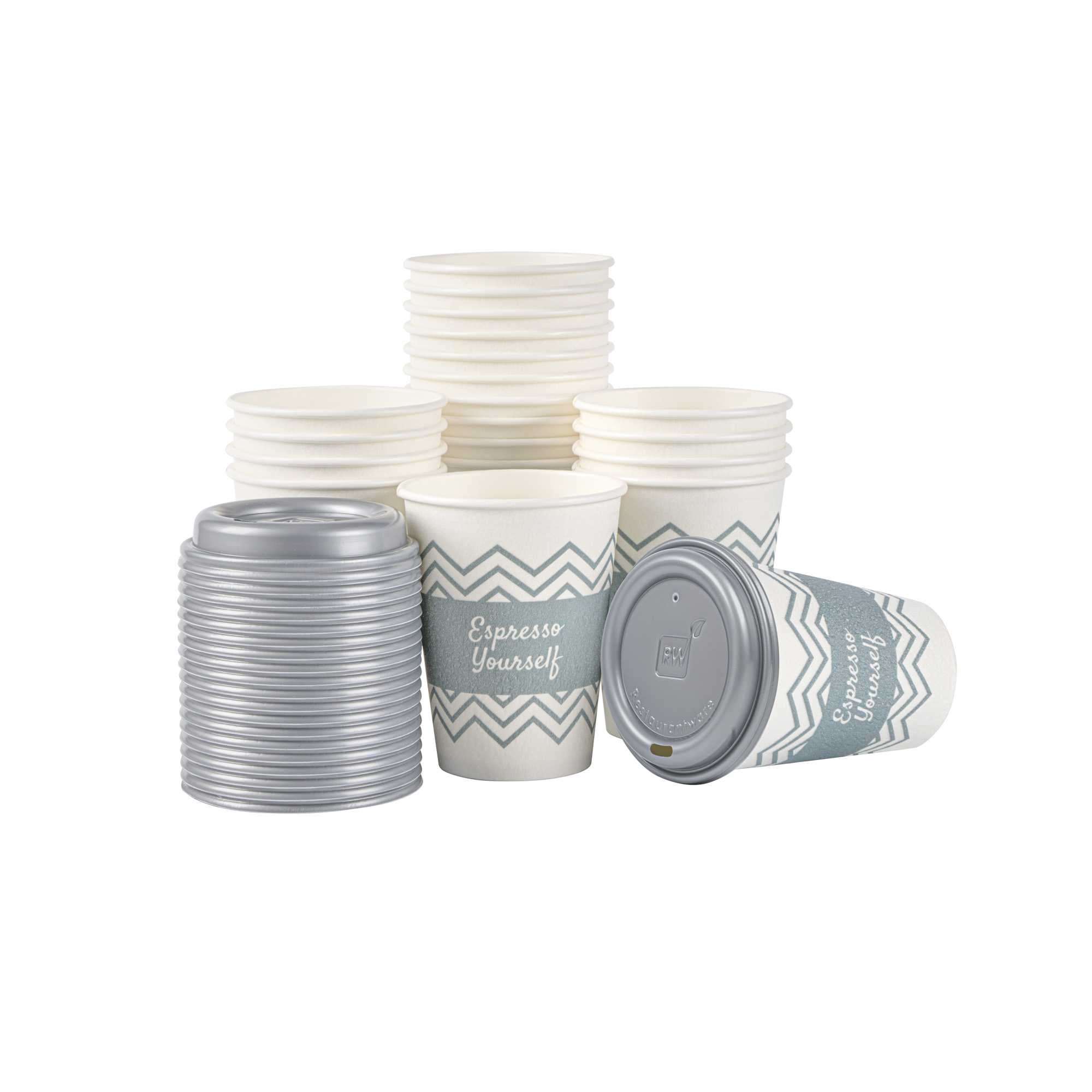 Restpresso 12 oz Blue Paper Insulated Hot Cup - Espresso Yourself, with Gray Lid - 400 count box