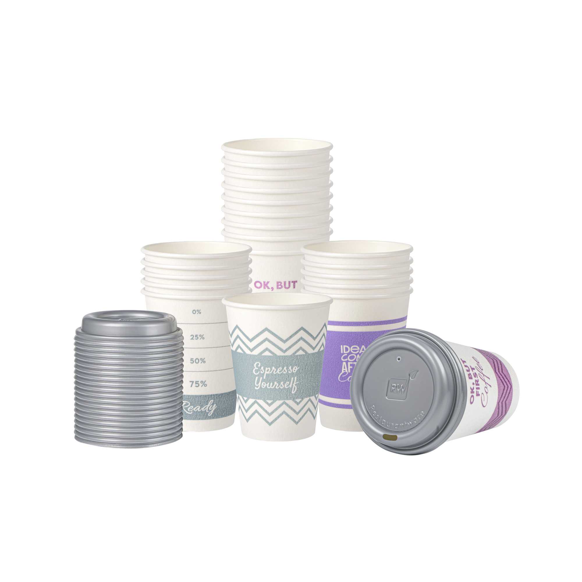 Restpresso 12 oz Assorted Paper Insulated Hot Cup Set - Coffee Quotes, with Gray Lid - 400 count box