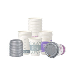 Restpresso 12 oz Assorted Paper Insulated Hot Cup Set - Coffee Quotes, with Gray Lid - 400 count box