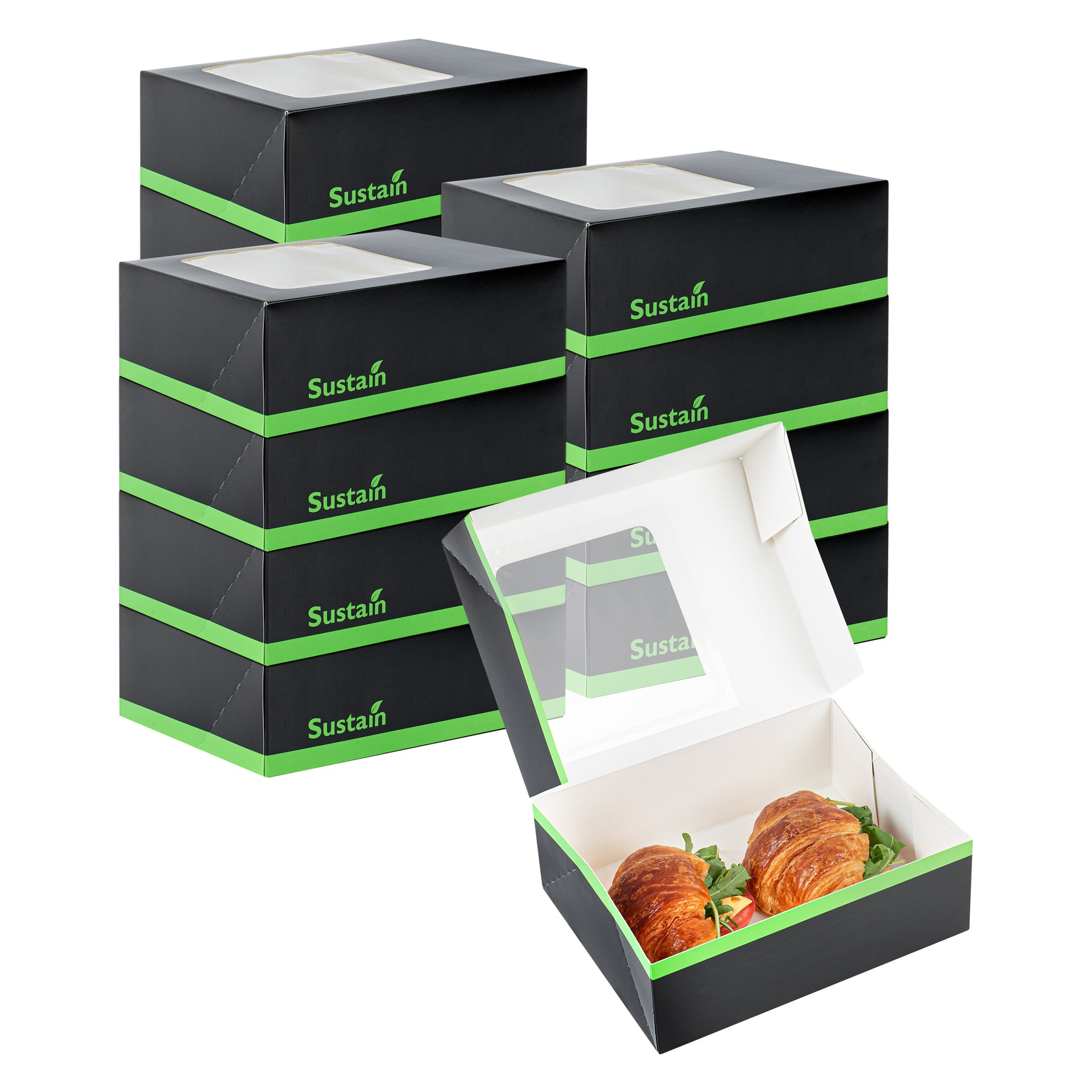 Sustain Rectangle Black Paper Auto-Popup Bakery Box - with PLA Lining and Window - 9" x 7" x 3" - 200 count box