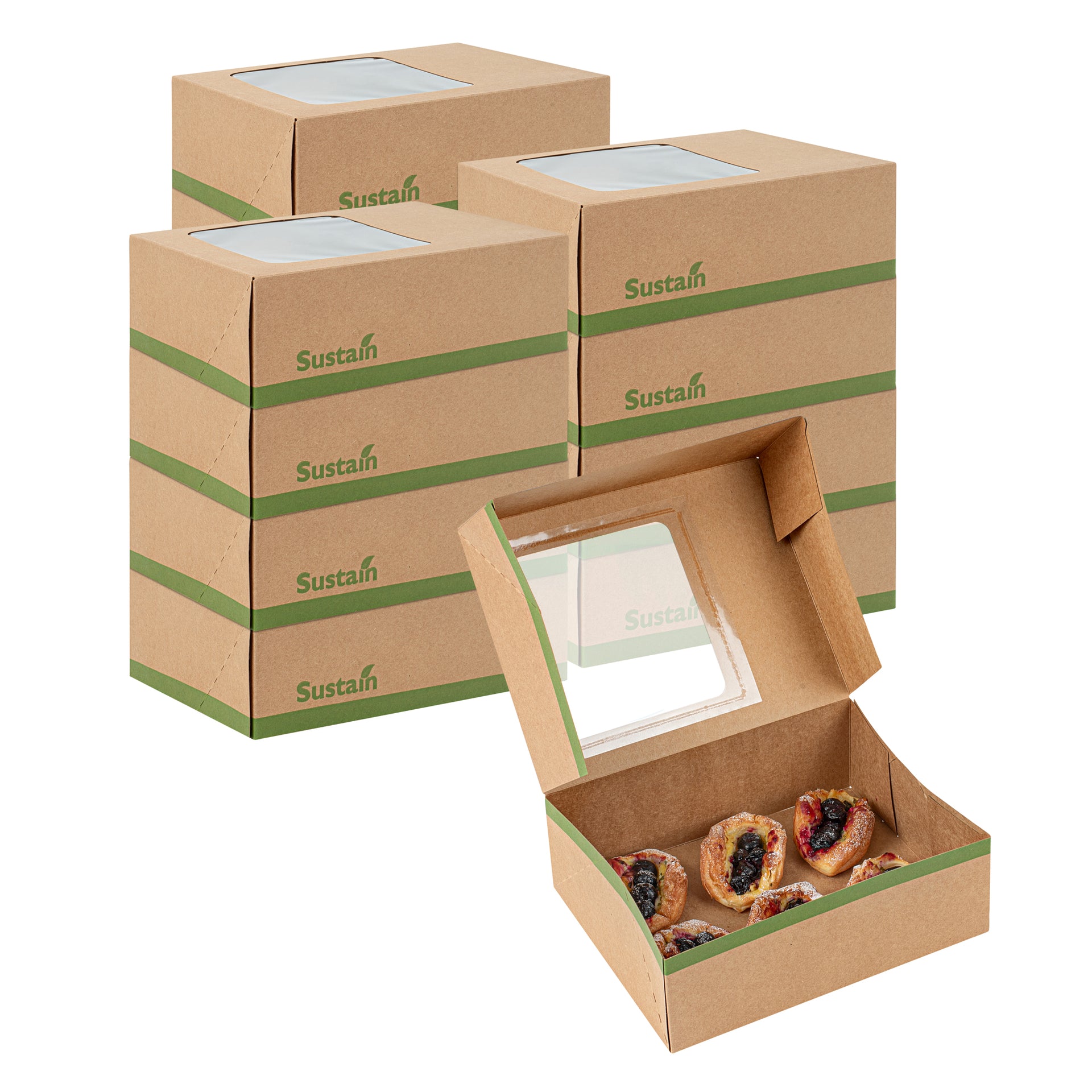 Sustain Rectangle Kraft Paper Auto-Popup Bakery Box - with PLA Lining and Window - 9" x 7" x 3" - 200 count box