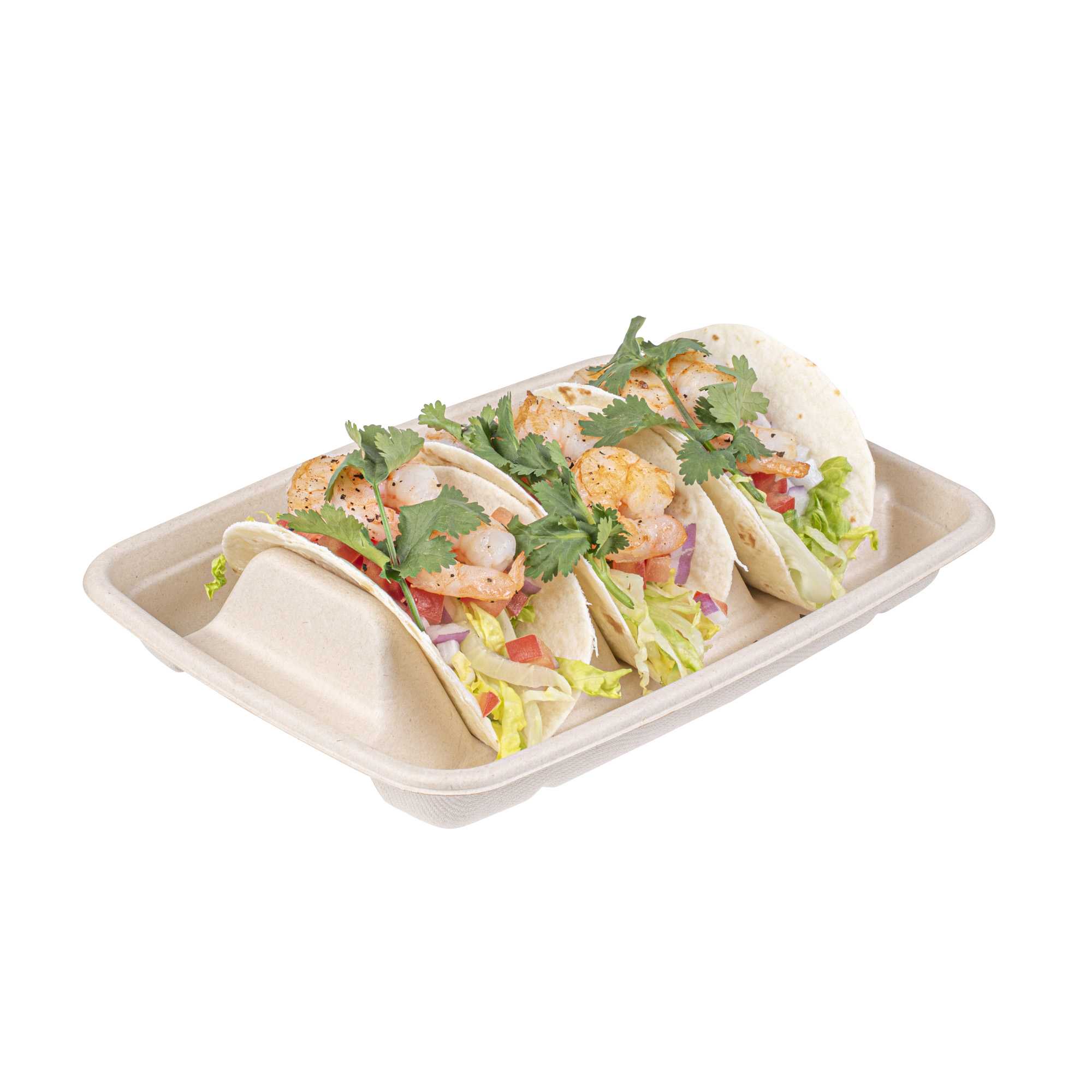 Pulp Safe No PFAS Added Natural Sugarcane / Bagasse Taco Holder Tray - 3 Dividers, Home Compostable - 9" x 6 1/2" x 1 3/4" - 100 count box