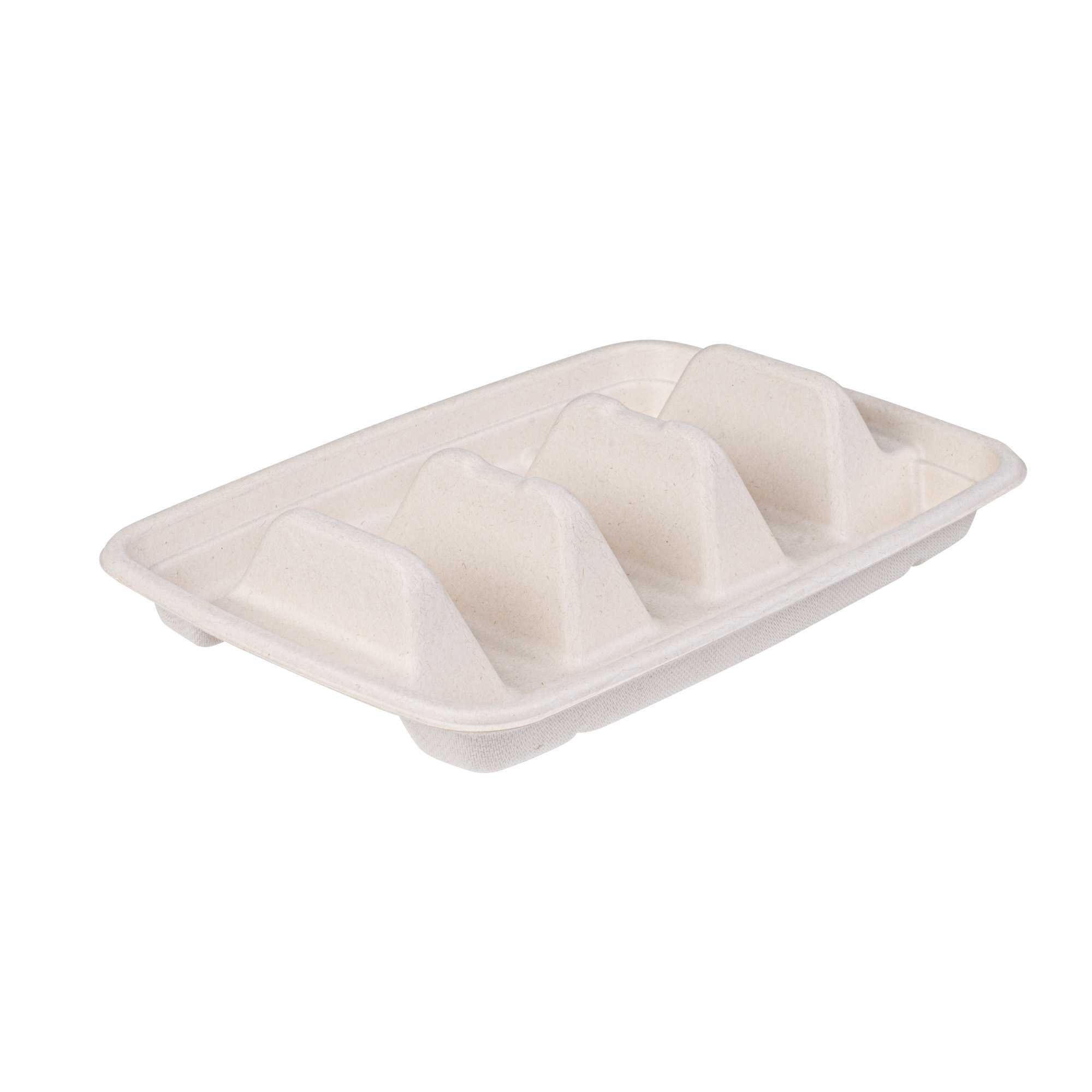 Pulp Safe No PFAS Added Natural Sugarcane / Bagasse Taco Holder Tray - 3 Dividers, Home Compostable - 9" x 6 1/2" x 1 3/4" - 100 count box