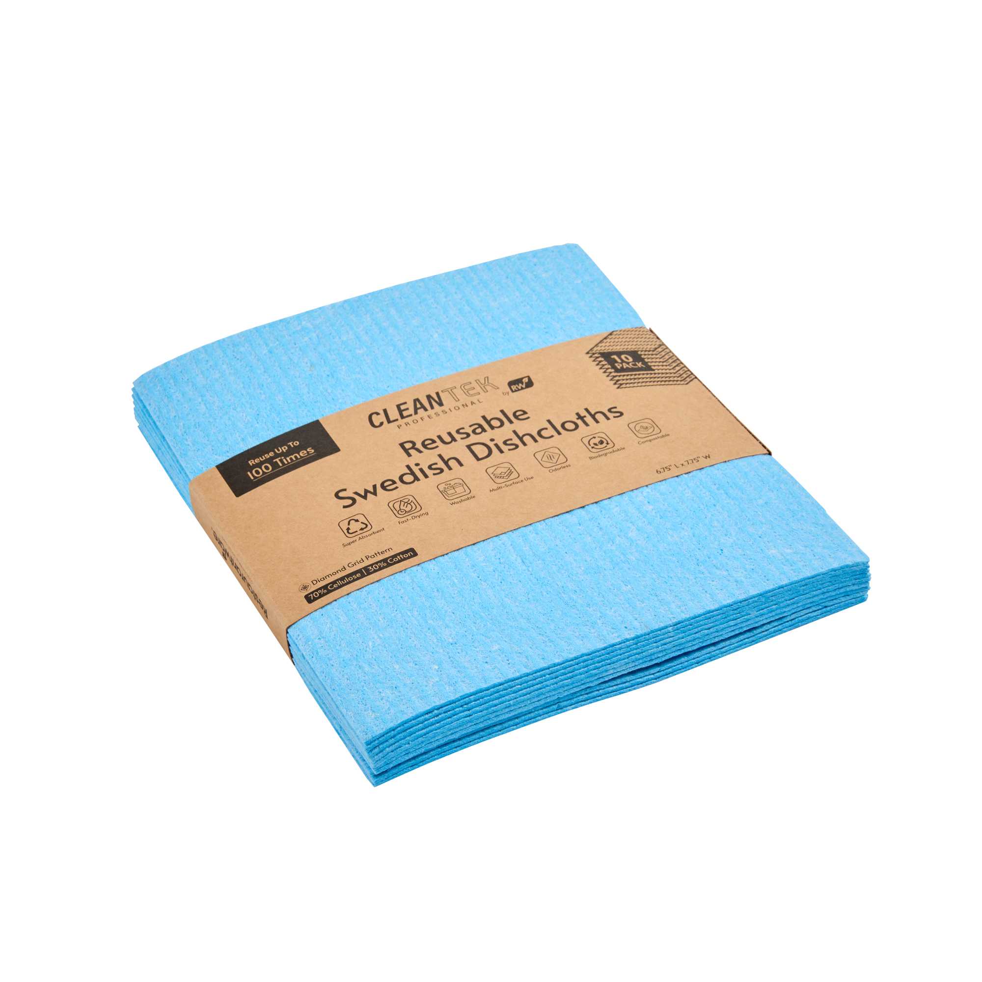 Clean Tek Professional Blue Reusable Swedish Dishcloth - Biodegradable - 6 3/4" x 7 3/4" - 10 count box