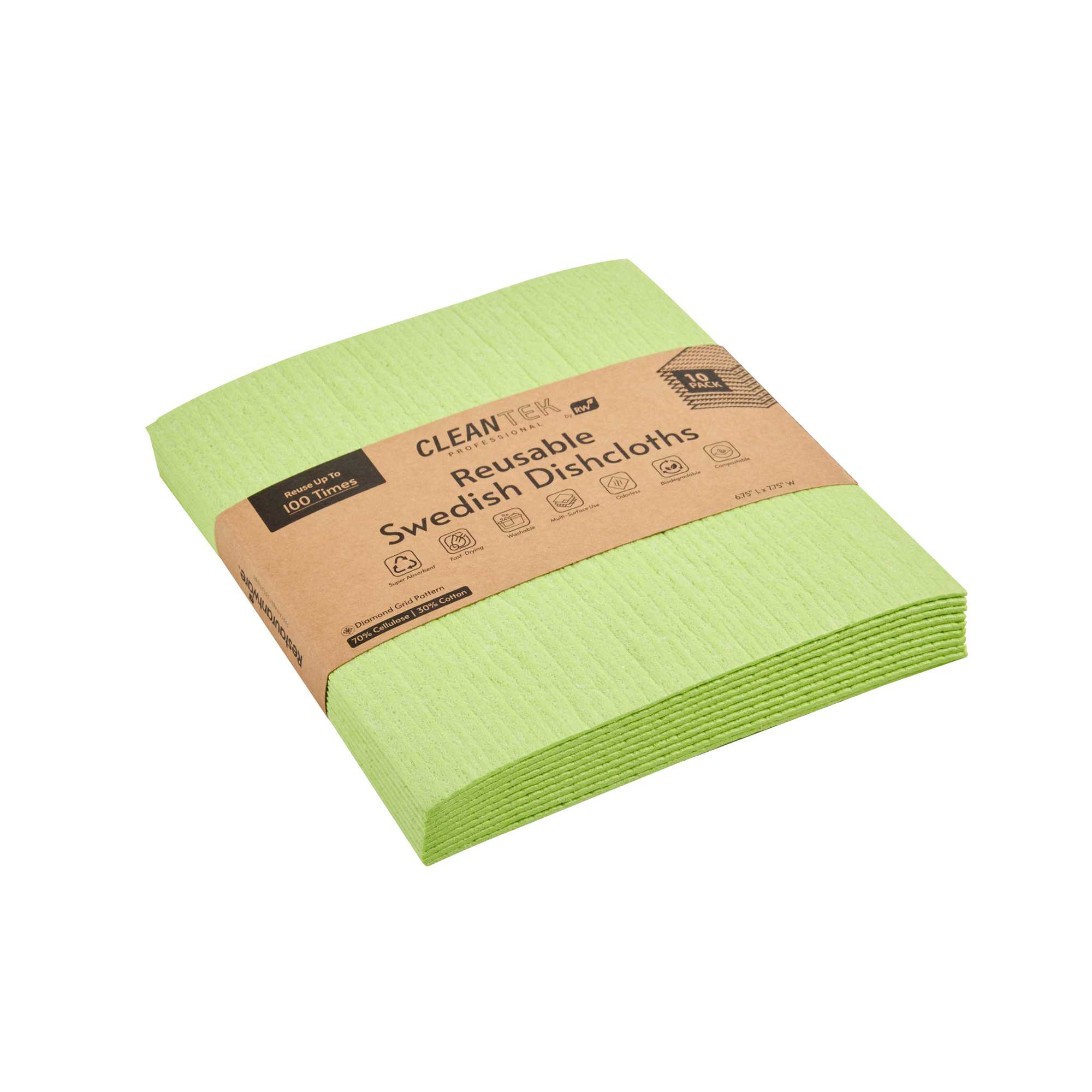 Clean Tek Professional Green Reusable Swedish Dishcloth - Biodegradable - 6 3/4" x 7 3/4" - 10 count box