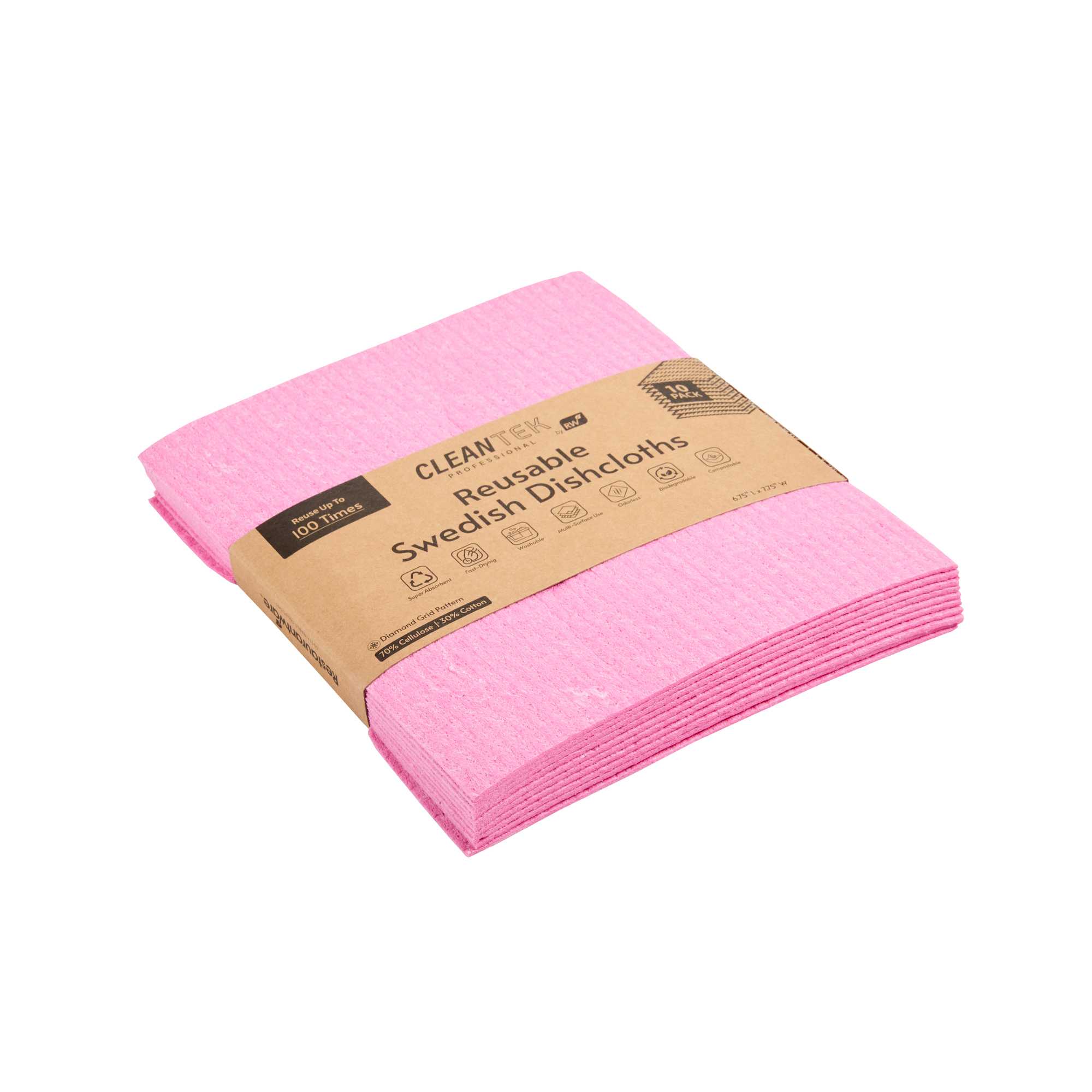 Clean Tek Professional Pink Reusable Swedish Dishcloth - Biodegradable - 6 3/4" x 7 3/4" - 10 count box
