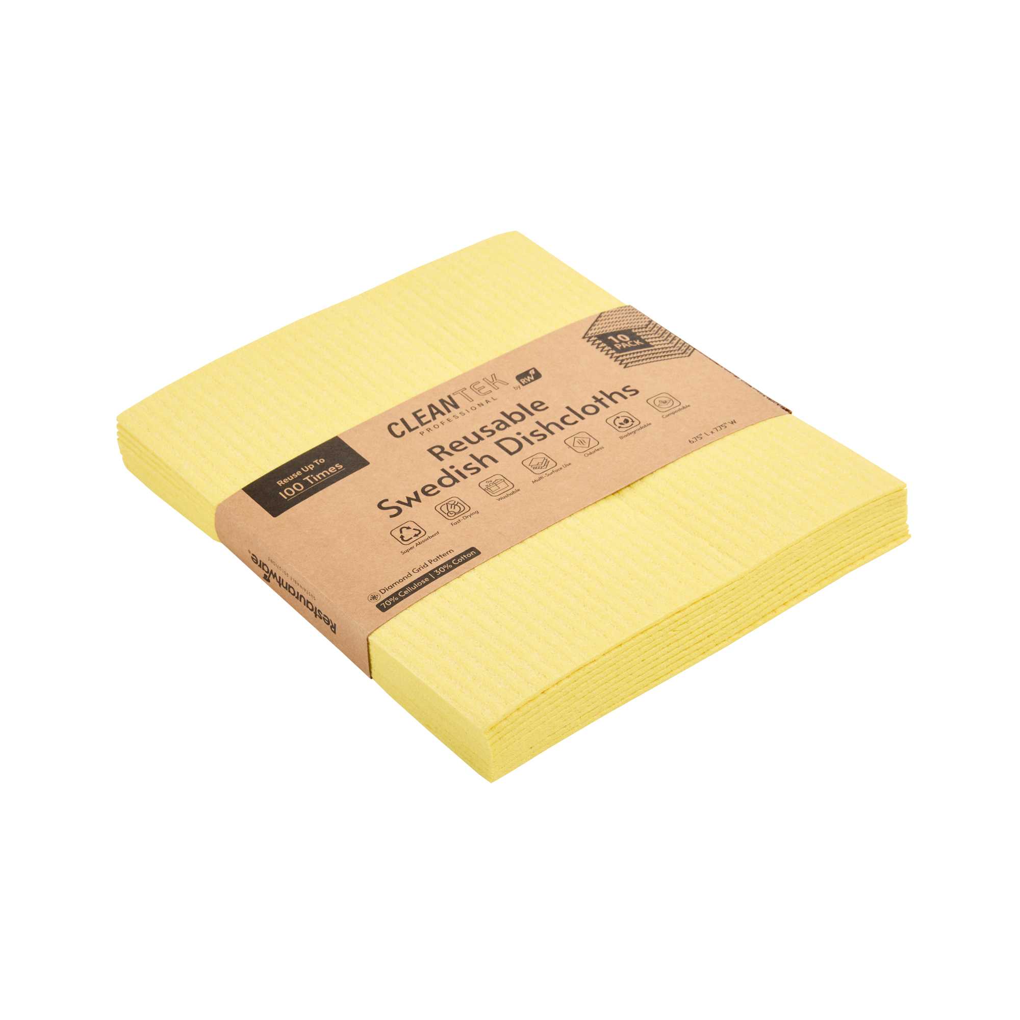 Clean Tek Professional Yellow Reusable Swedish Dishcloth - Biodegradable - 6 3/4" x 7 3/4" - 10 count box